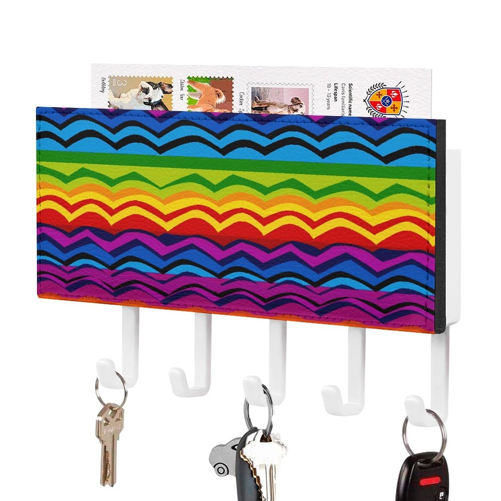 FekiLoot Gay Pride Rainbow Pattern1 Key Holder for Wall Decorative Mail Organizer with 5 Key Hook Self Adhesive Key Rack with Tray Coat Rack Wall Mount Key Hanger Decor for Entryway Door