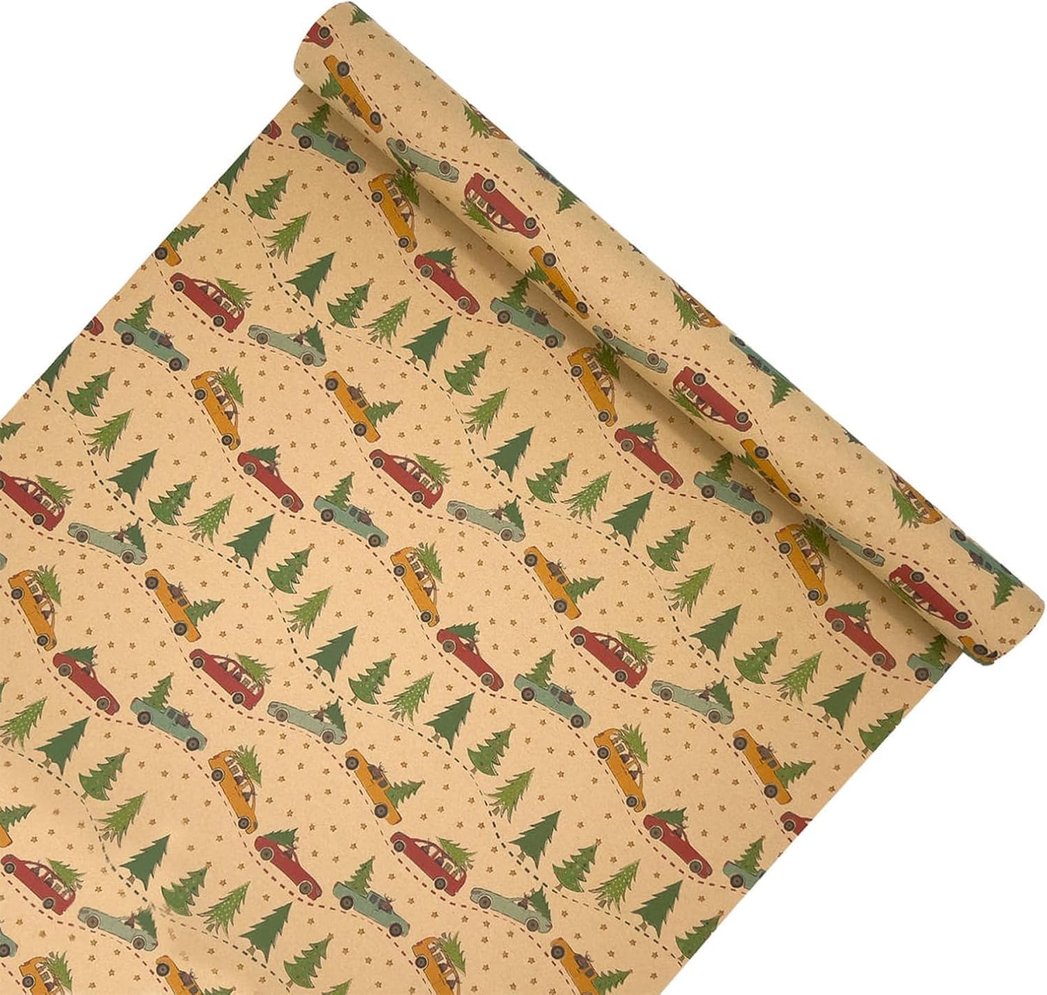 Christmas Wrapping Paper Roll,43cm*15m Xmas Wrapping Paper,Kraft Xmas Gift Wrap Paper for Christmas Party Decoration (Tree Car)
