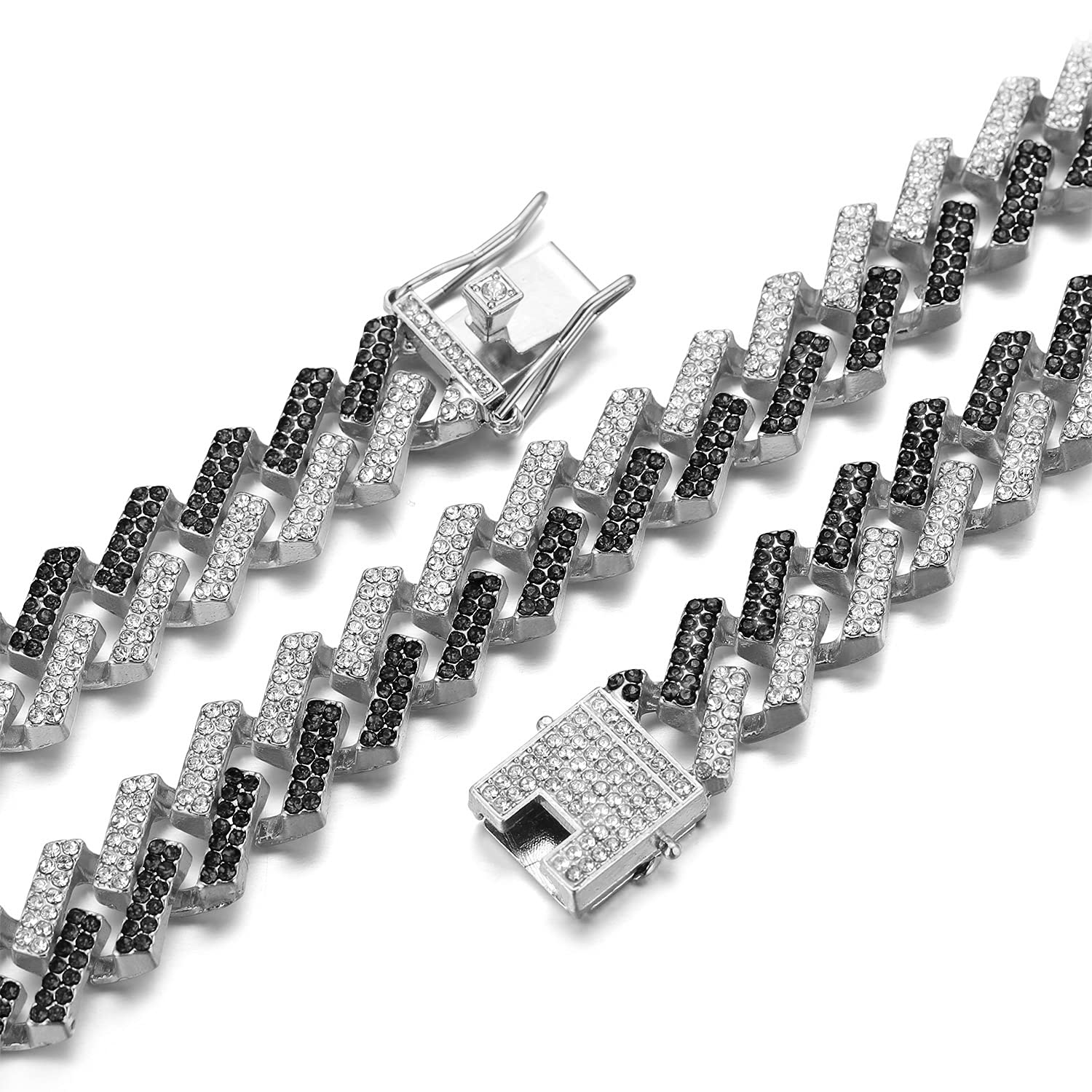 richhutGold Chain for Men Guys Cuban Link Chain Iced Out 15mm Wide Silver Tone Color Multiple Colour Diamonds Real White Gold Platinum Plated Bracelet Necklace Handset Diamonds Gift for Boyfriend