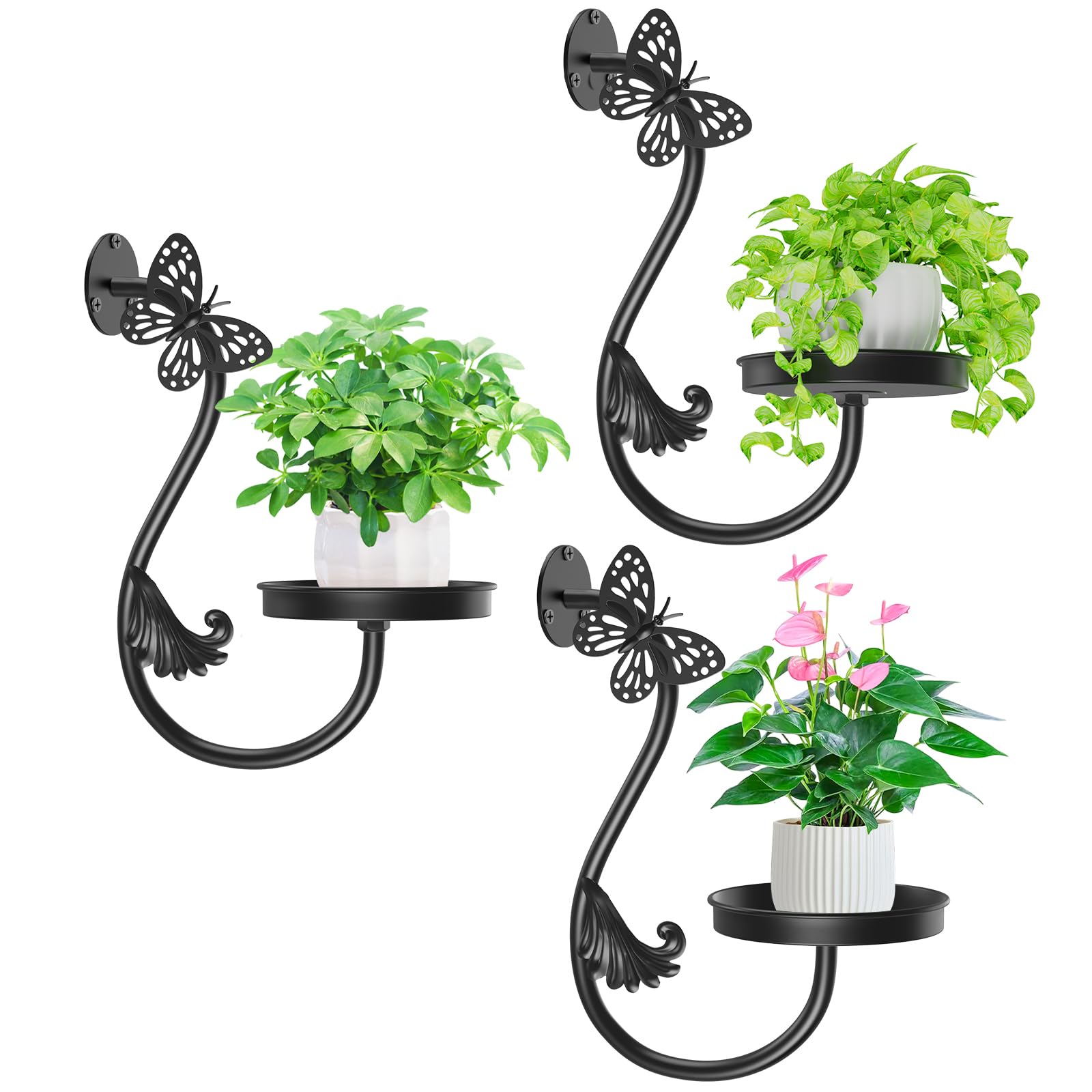 KHayRovies Wall Plant Holder Indoor, Metal Hanging Planters Hanger Floating Flower Display Stand for Window, Plant Shelves Hanging Plant Holder Window Plant Hanger Plant Decor Black (Butterfly-3Pc) — image 1