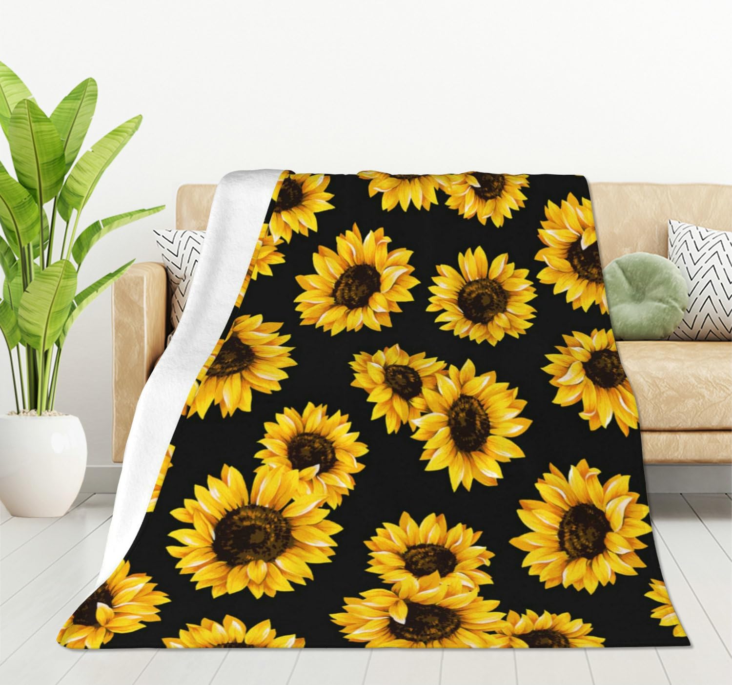 HGOD DESIGNS Sunflowers Black Tropical Flower Daisy Throw Blanket Ultra Soft Warm All Season Cute Floral Sunflower Decorative Fleece Blankets for Bed Chair Car Sofa Couch Bedroom 100x130cm