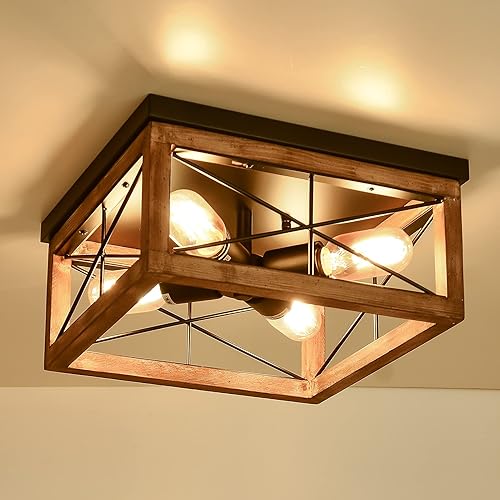 Miniatura 10 de Lámpara de techo de madera de montaje empotrado, 4 luces rústicas de granja, lámpara de techo cuadrada industrial con enchufe E26 para cocina,