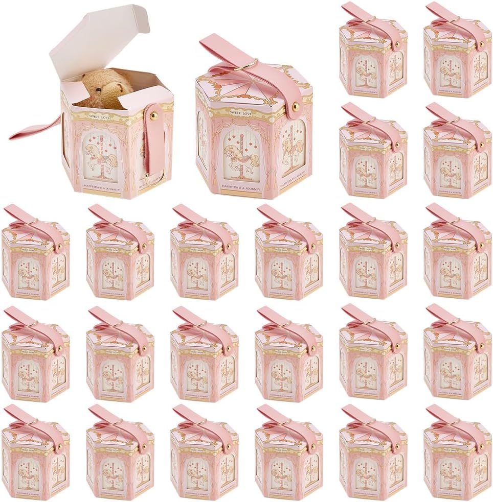 BENECREAT 24 Pack Carousel Series Stylish Design Hexagon Favor Boxes with Handle, Pink Color Party Favor Boxes for Wedding Anniversary Birthday Party Favors, 3.54x3.54x3.15inch