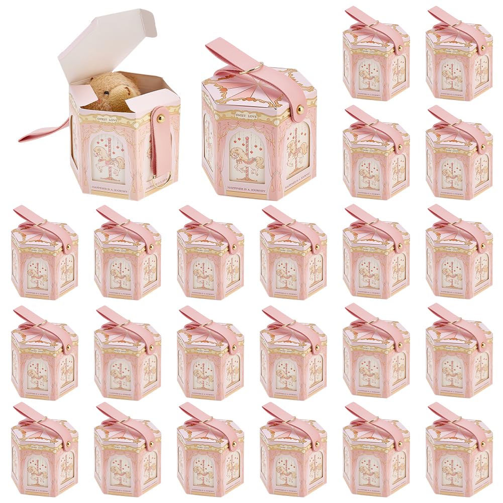 BENECREAT Party Favor Boxes, Carousel Pattern, 24 Packs, Pink