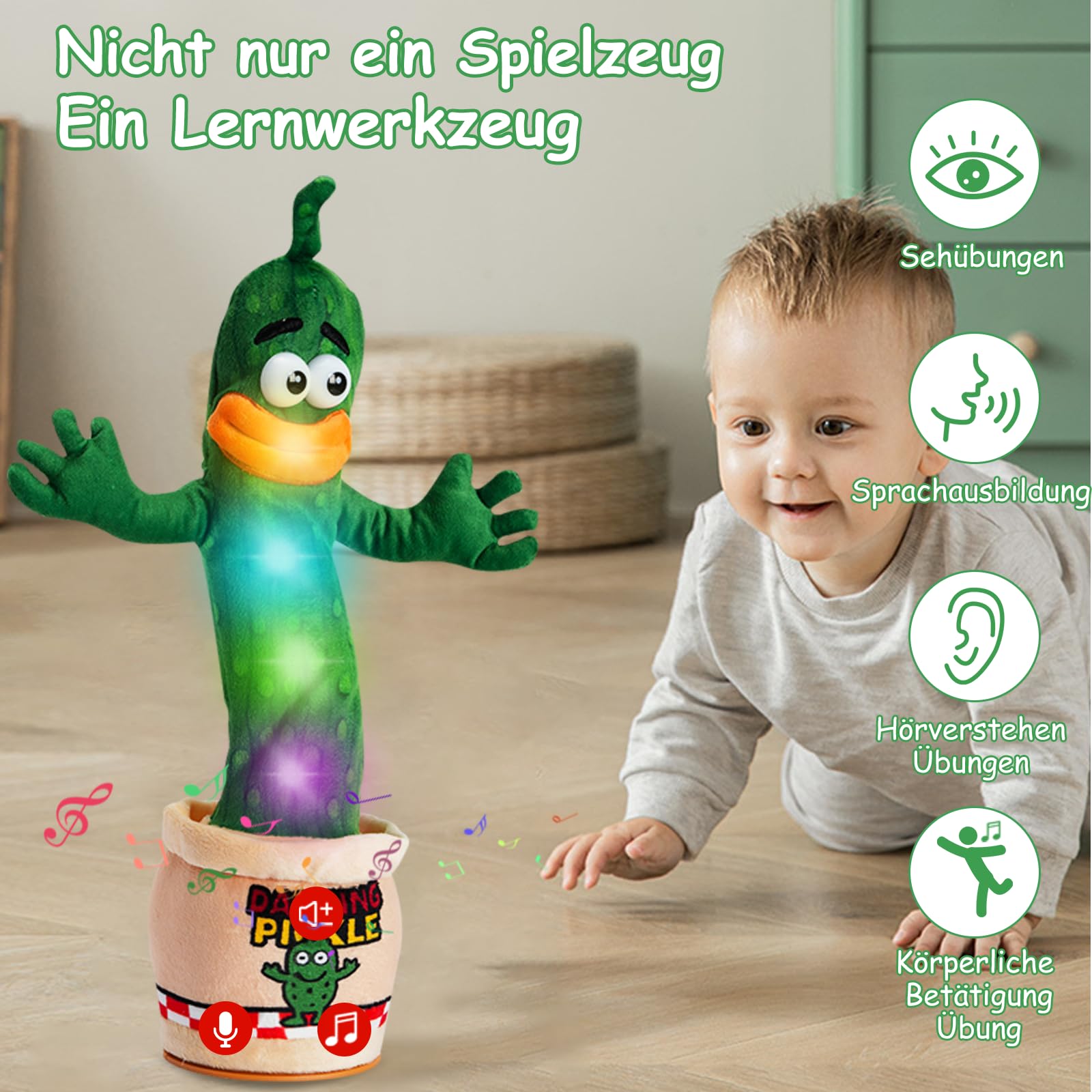 Interaktives tanzendes sprechendes Gurken-Babyspielzeug (0-6 3-6 6-12 12-18 Monate) Welpenspielzeug für Jungen Mädchen, singt imitiert nimmt wiederholt Gesprochenes 120 Lieder, Lautstärke einstellbar