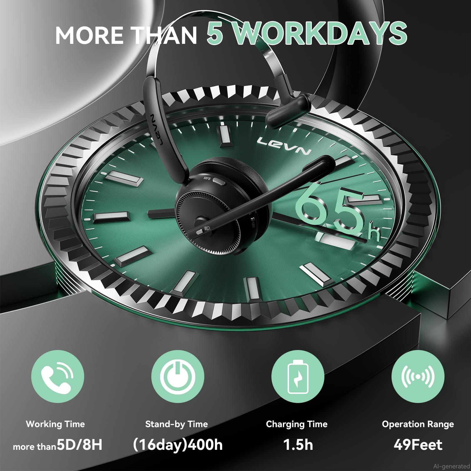 LEVN Cuffie wireless Bluetooth con microfono a cancellazione del rumore, 65 ore di tempo di woktime, cuffie wireless con base di ricarica, adatte per call center/lavoro da casa
