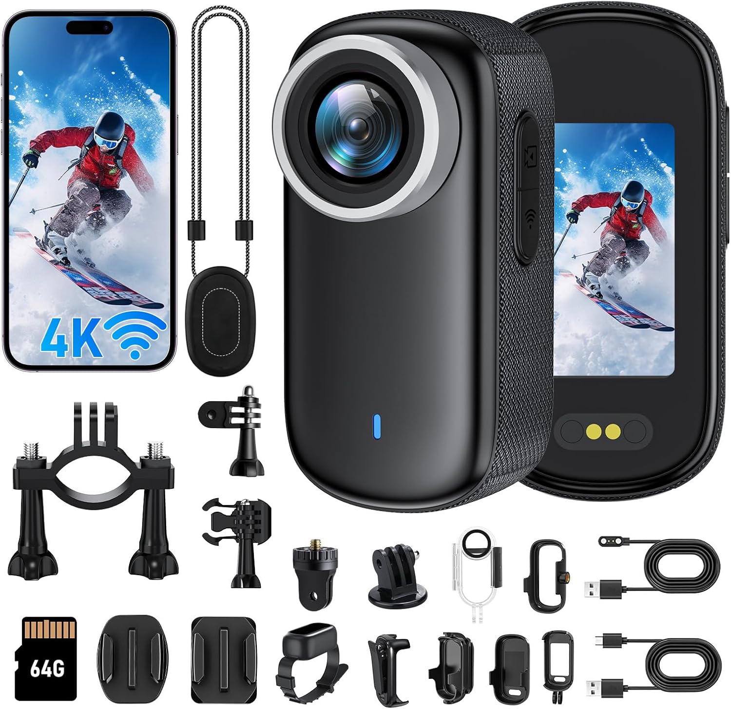 4K Mini Body Camera with 1.47" Screen, Waterproof Thumb Size Wearable Action Camera with Magnetic Clip & Helmet Mount, 64GB Portable POV Camcorder for Vlogging, Cycling, Travel, Outdoor Sports, Wi-Fi