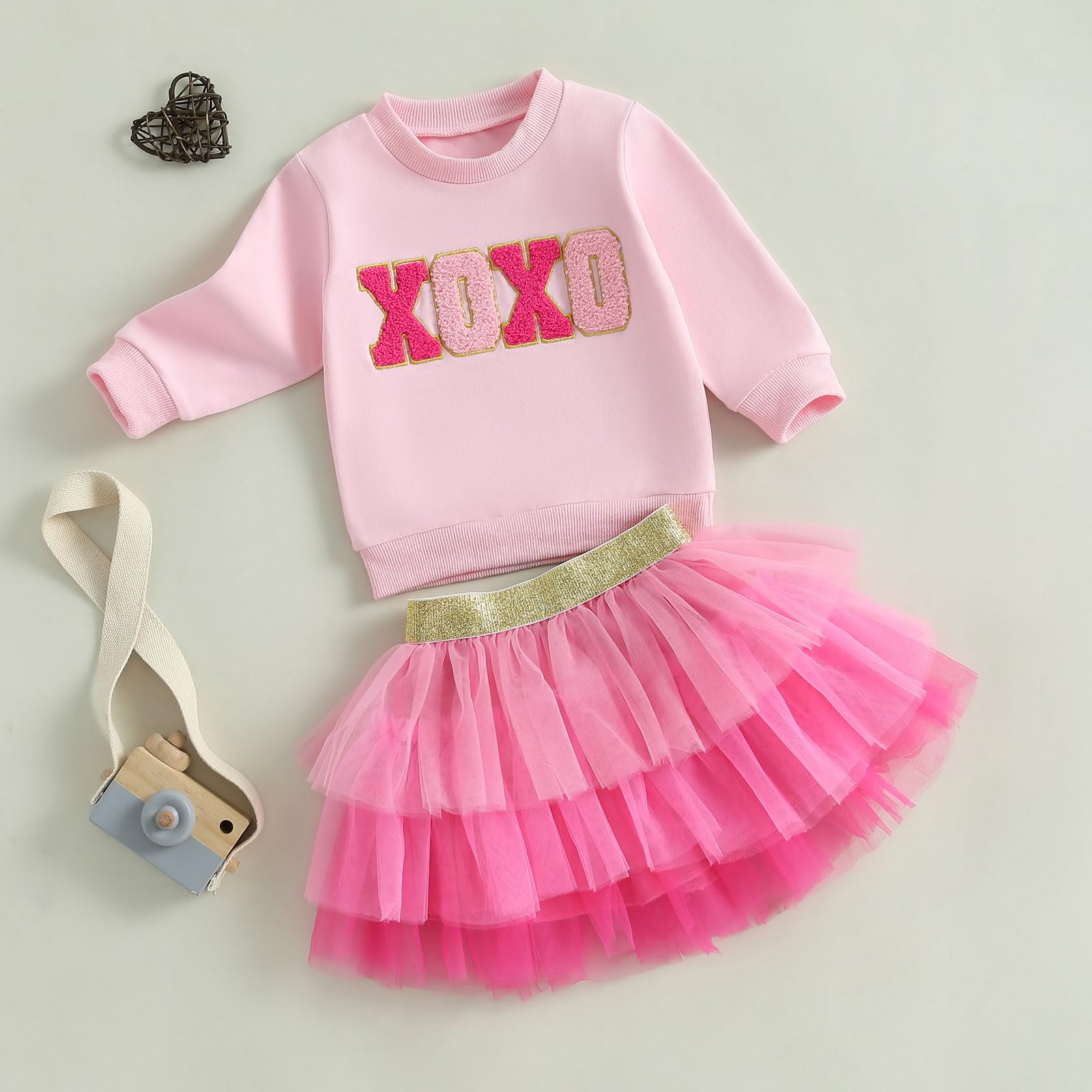Kayotuas XOXO - Completo per bambina e bambina, con felpa a cuore e tutù in tulle, set carino per feste primaverili