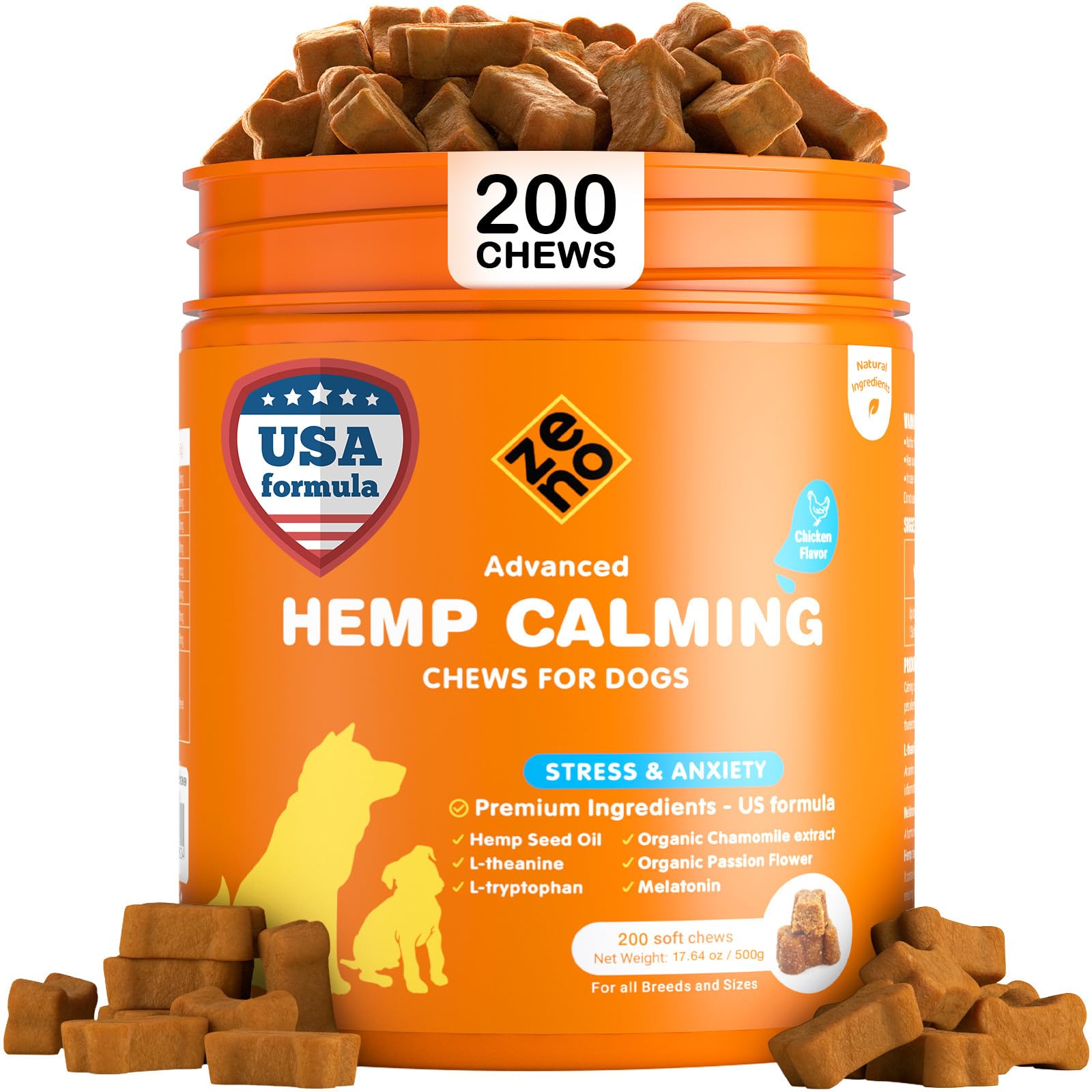 ZENO Hemp Calming Chews for Dogs Anxiety 200 pcs - Chicken Flavored - Anxiety Relief - Calming Chews Treats - Melatonin for Dogs - for Stress, Travel,