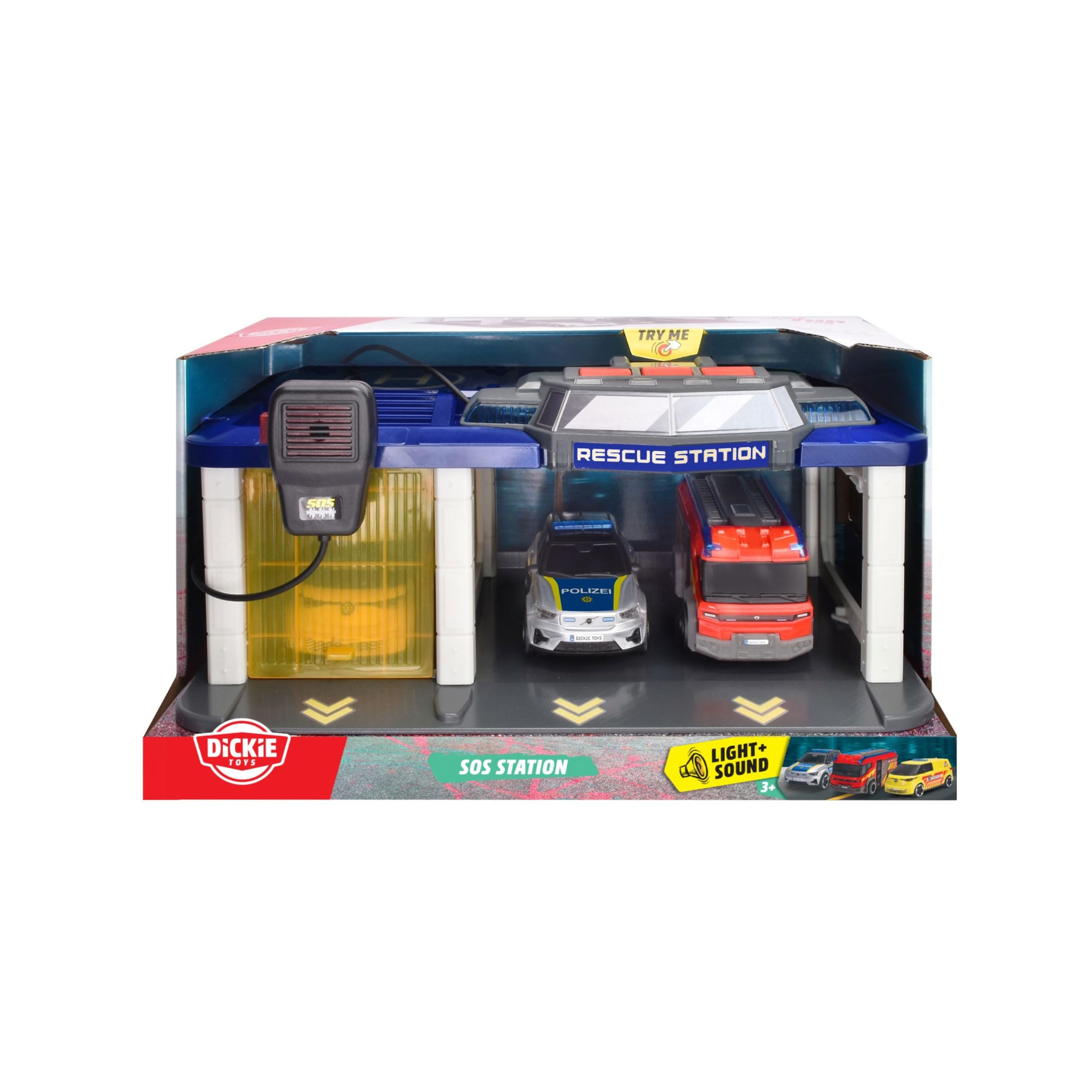 Dickie Toys - S.O.S Station para niños a Partir de 3 años (31 x 22 cm) con 3 Coches de Juguete (Coche de policía, Ambulancia, camión de Bomberos), estación de Bomberos y policía con luz y Sonido