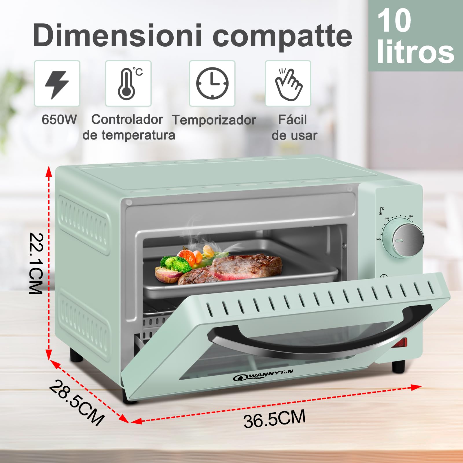 WANNYTON Mini Horno de Sobremesa 10L, 650W, Horno Electrico Tostador con Temporizador Regulable a 60 Min, Temperatura 100-230℃, con Bandeja, Parrilla y Pinzas