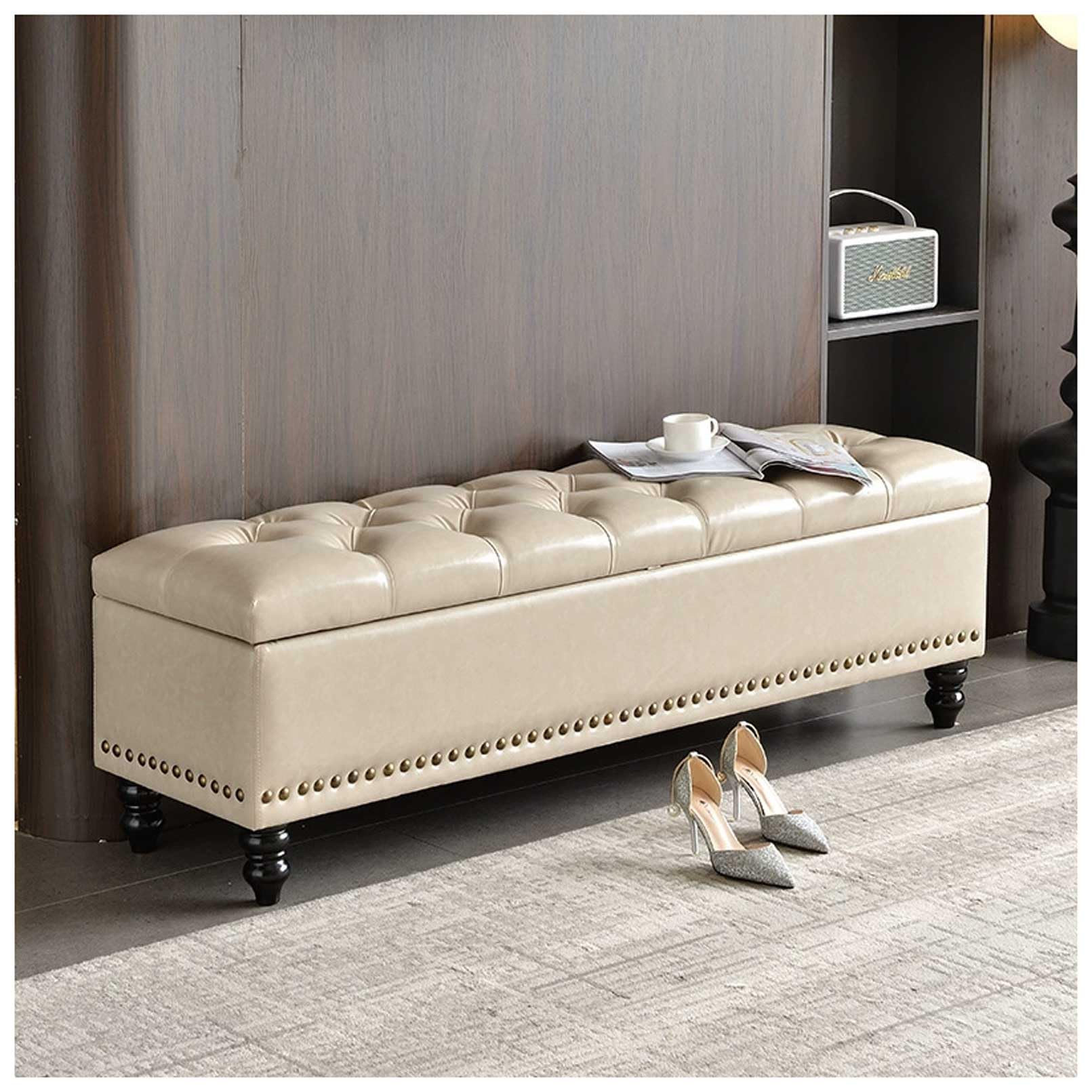 MSHGSKU Wooden Frame Storage Bench 330kg Capacity Ottoman Footrest White 1.39x15.7x16.9in Stylish Bedroom Shoe Rack & Pouf for Living Room Entryway or Bedside Use
