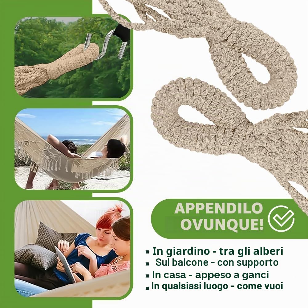 Amaca da esterno in stile bohémien 190 x 150 cm beige 120 kg cotone poliestere con frange sacchetto trasporto