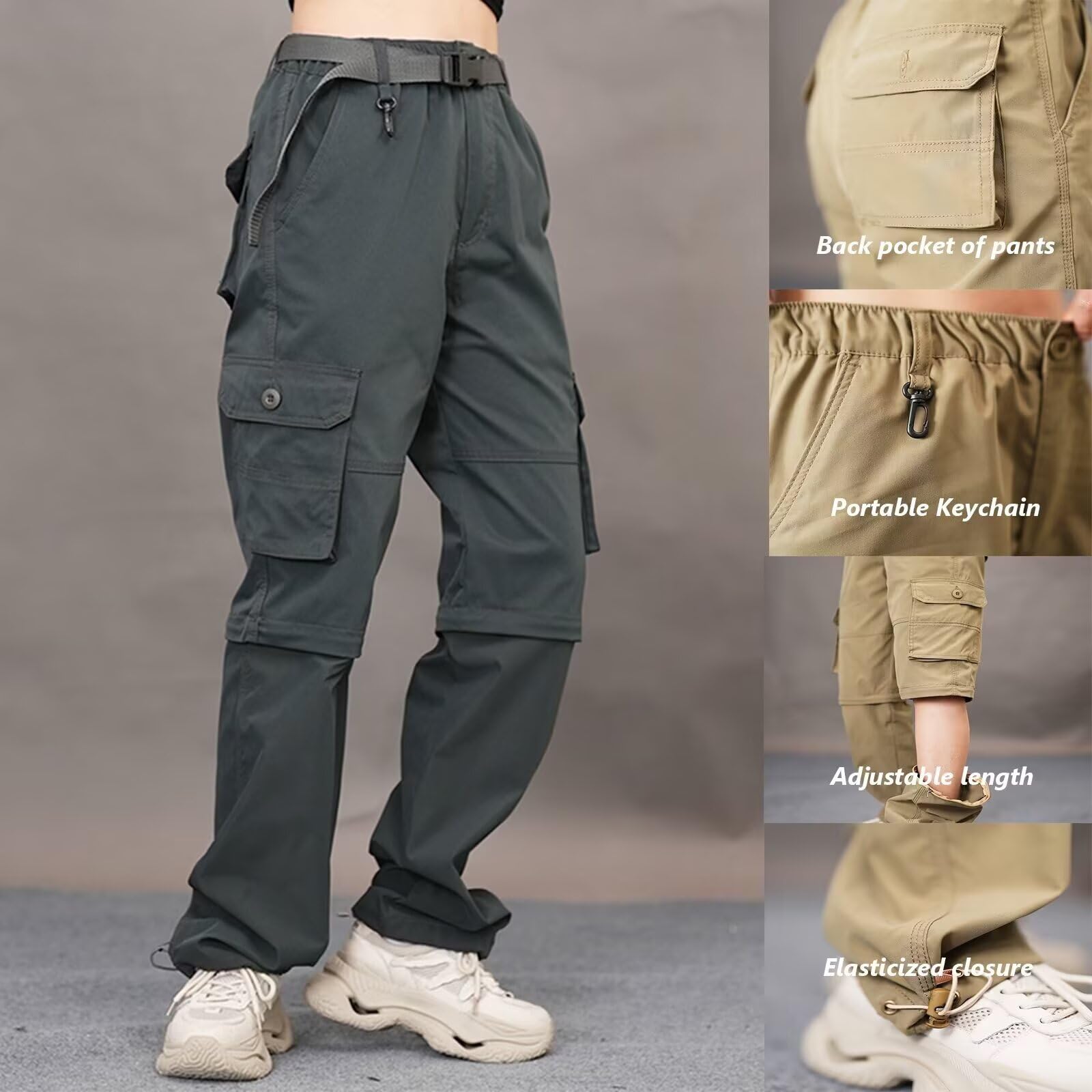Pantaloni da trekking da donna, con zip off, ad asciugatura rapida, da trekking, con gambe rimovibili, traspiranti, pantaloni cargo estivi, pantaloni funzionali con cintura, 6 tasche