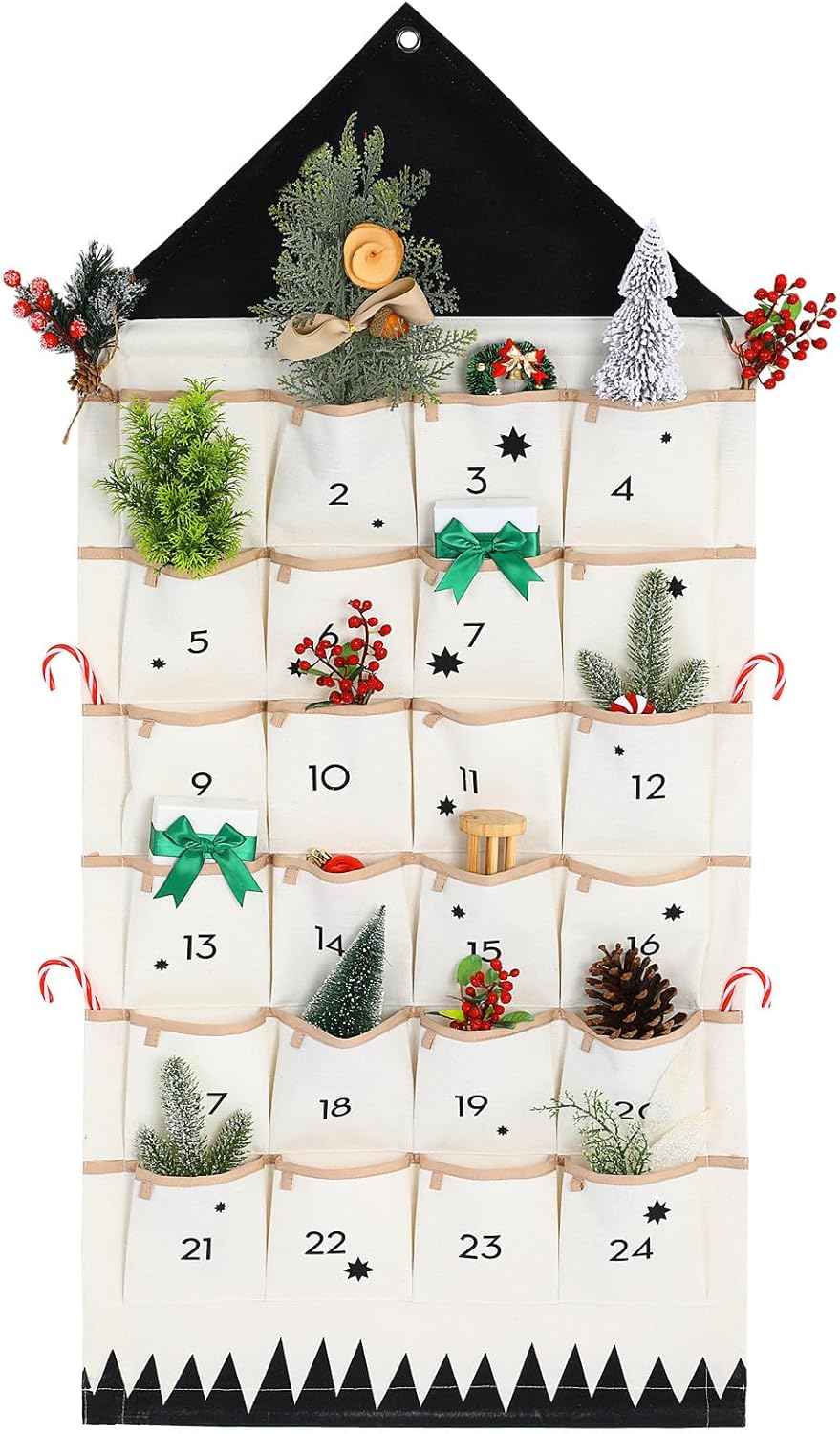 Toyvian Christmas Countdown Hanging Bag with Multiple Pockets, Cotton Storage Organizer, Wall-mounted Advent Calendar for Diy Filling, Home Decoration