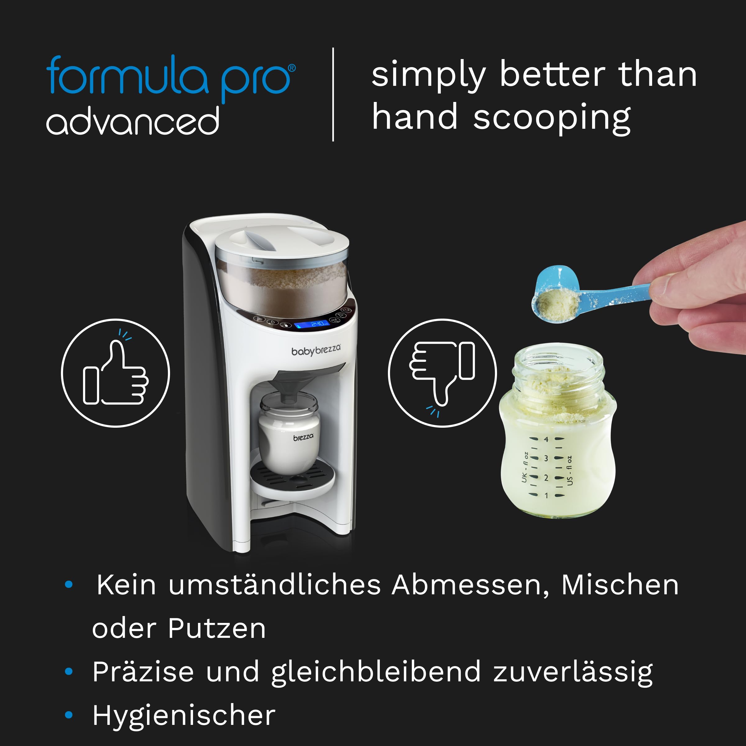 Baby Brezza Formula Pro Advanced Automatischer Flaschenzubereiter | Mischt Milchpulver & Wasser perfekt per Knopfdruck – 3 Temperaturen – Für alle Flaschen & Pulver – BPA-frei – Weiß/Schwarz
