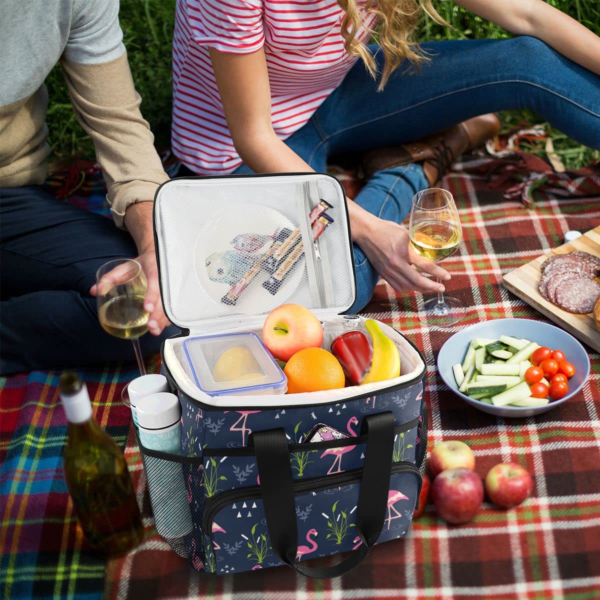 Bolsa de picnic de 15 L, 24 latas, bolsa de almuerzo aislada con flamenco, bolsas para viajes, camping, barbacoa, actividades al aire libre, asas, correa para el hombro
