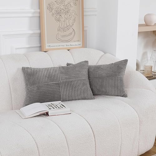 Miniatura 8 de HWY 50 Juego de 2 fundas de cojín decorativas de pana suave con empalme de 18 x 18 pulgadas, fundas de cojín bohemias a rayas para sofá, cama, sala