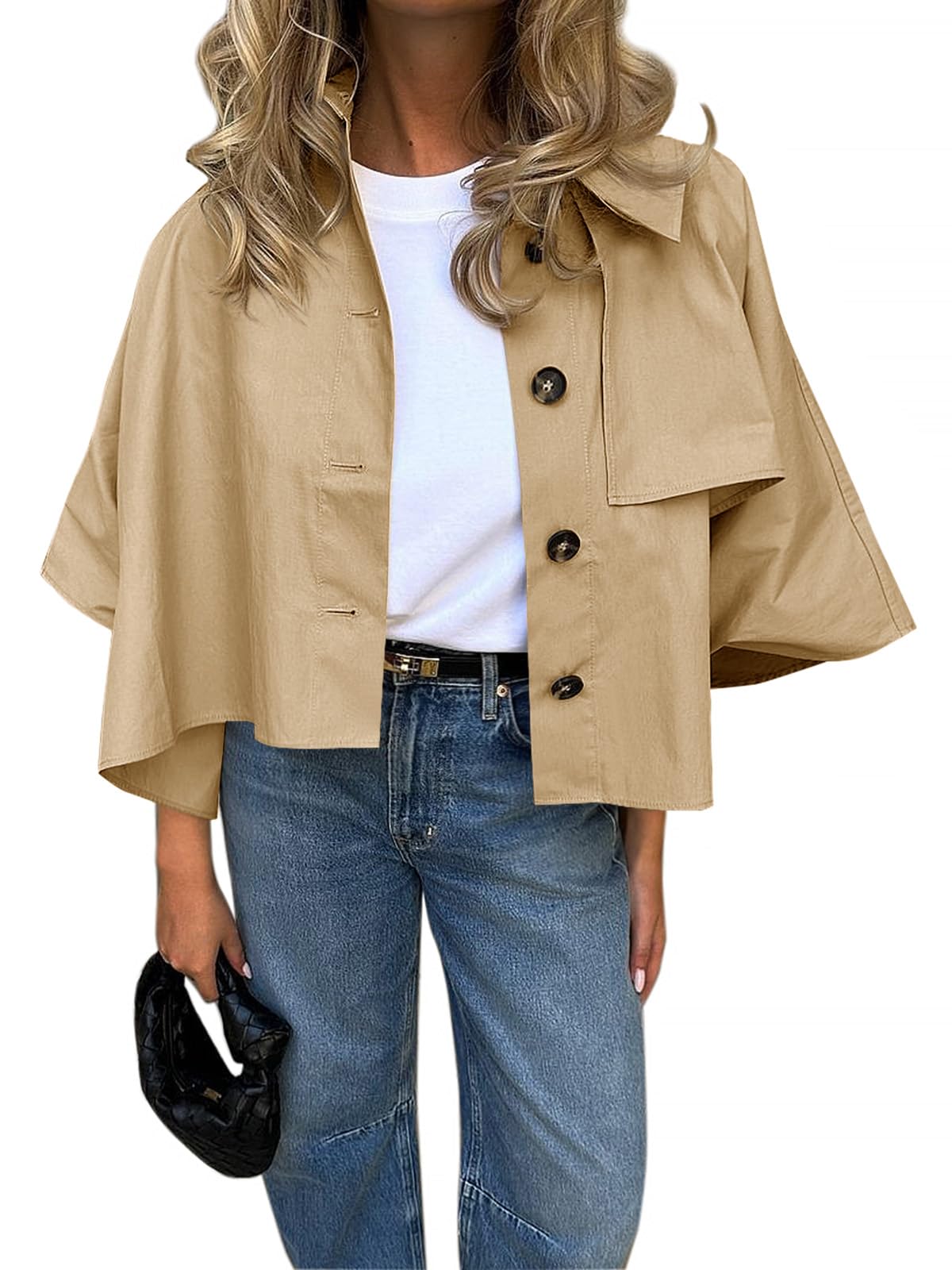 Cicy Bell Womens Oversized Cropped Trench Coats Single Breasted 3 4 Cape Sleeve Trendy Casual Jackets Button up