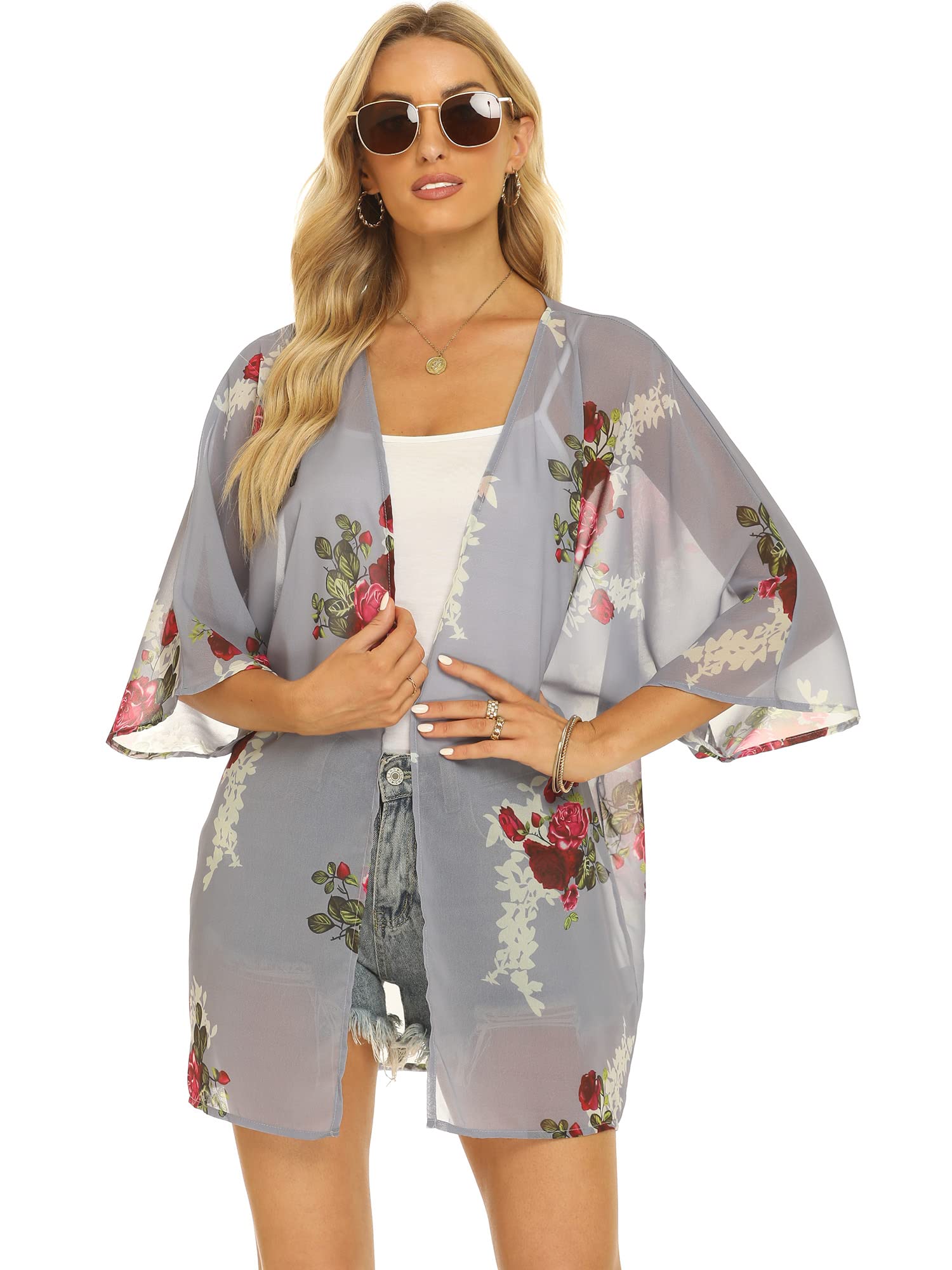 Chunoy Damska bluzka na co dzień z krótkim rękawem szyfonowe kimono szal bluzka top, Pasek - zielony, Medium