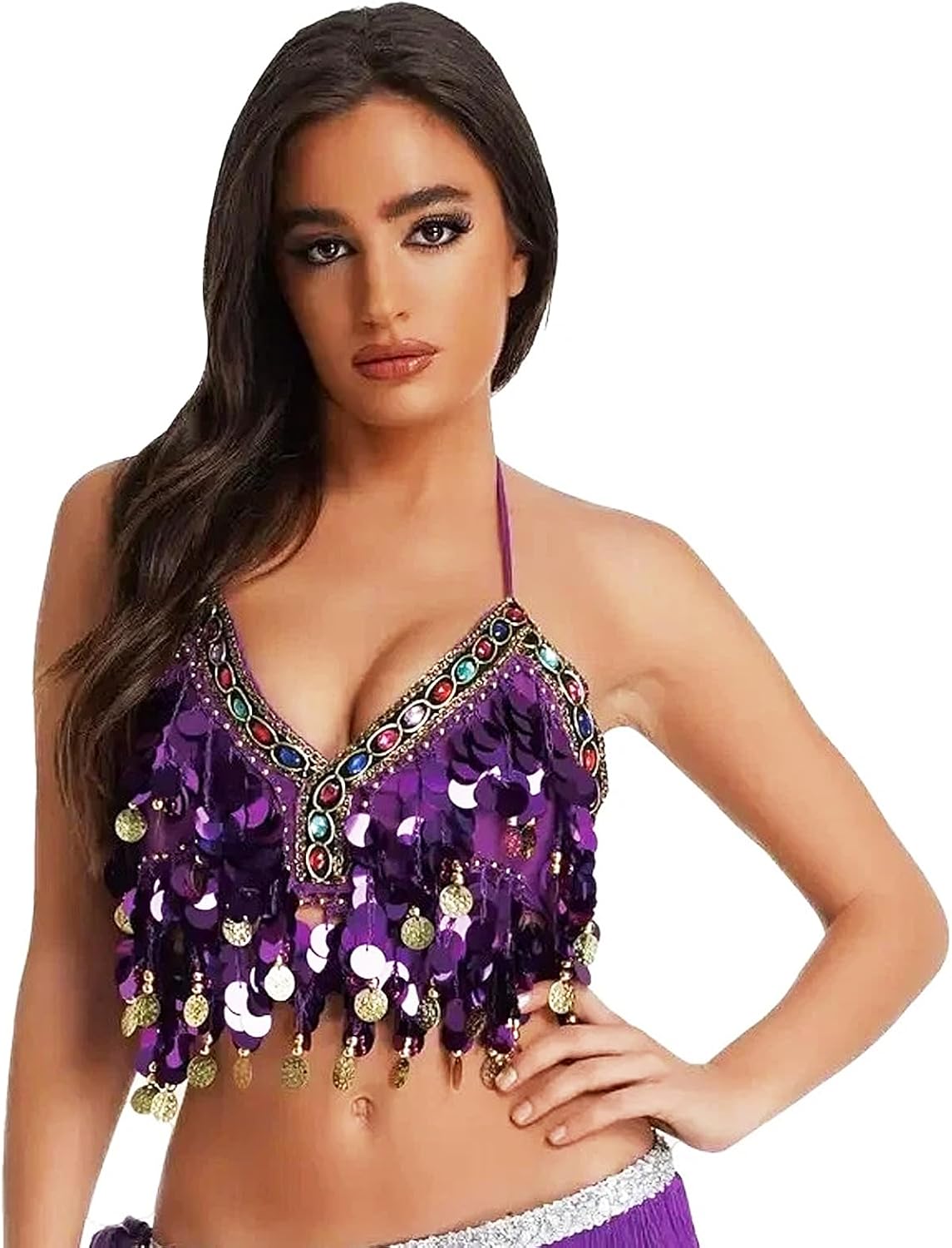 Belly Dance Sequin Bra Top Tassel Halter Crop Top Fringe Sparkle Coins Bra for Festival Rave Club Wear Costume - Image 2