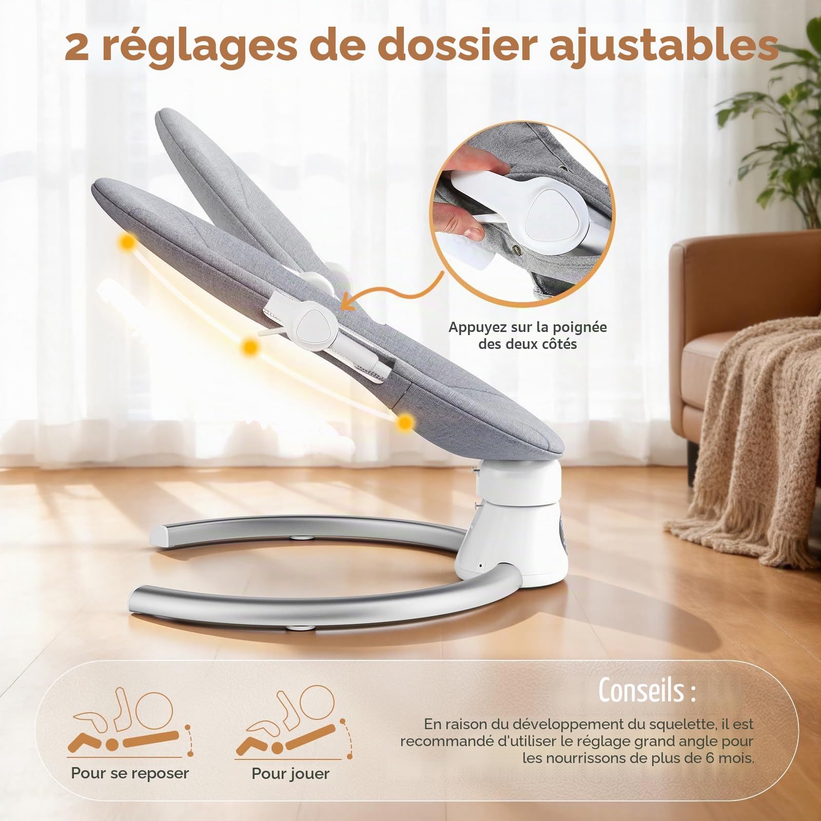 Transat Bébé Électrique avec Dossier Réglable sur 2 Niveaux – Application et Télécommande Balançoire Électrique pour Bébé, 12 Musiques et Prise en Charge Bluetooth, 2 Options D'alimentation (Gris)