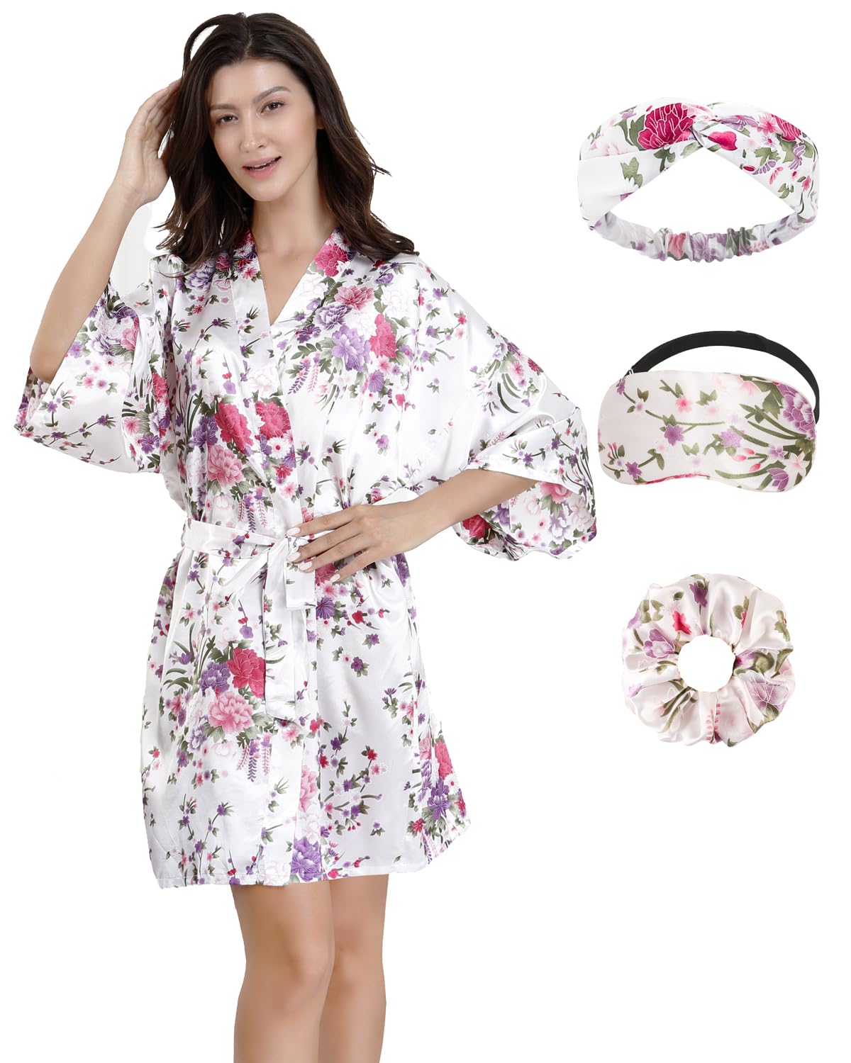 EPLAZAWomen Floral Satin Robe Bridal Dressing Gown Bride Bridesmaid Kimono Sleepwear