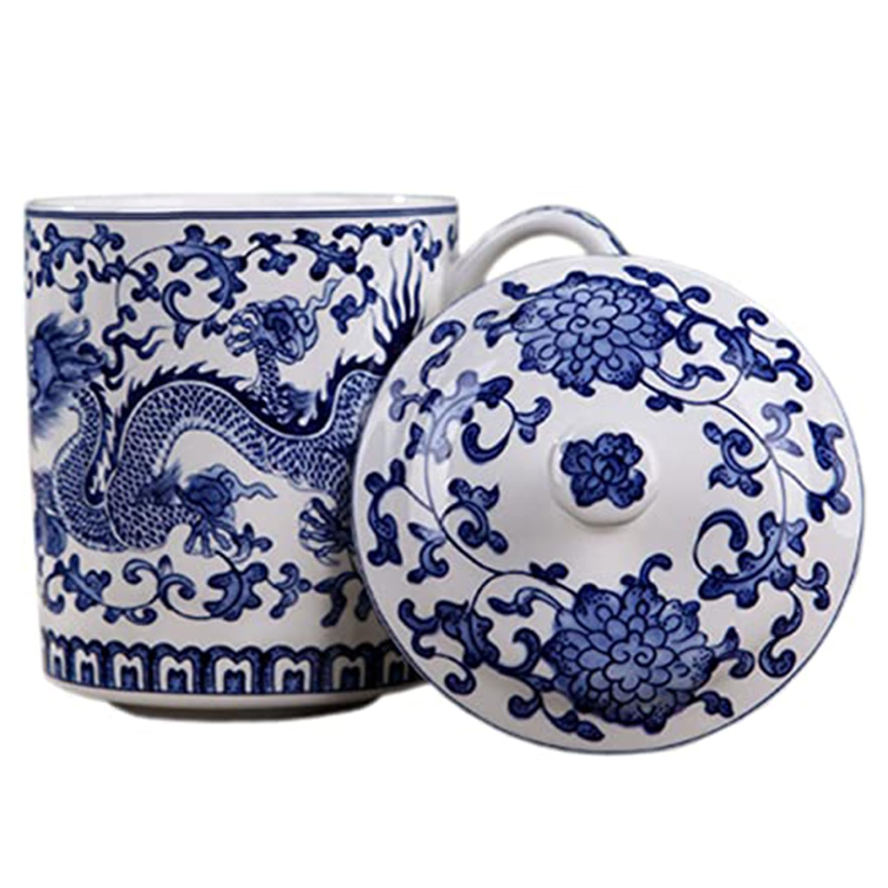 Tazza da tè in Ceramica Blu e Bianca di capacità da 500 ml con Coperchio e Manico, Tazze da tè Cinesi per Foglie sfuse, Ufficio a casa