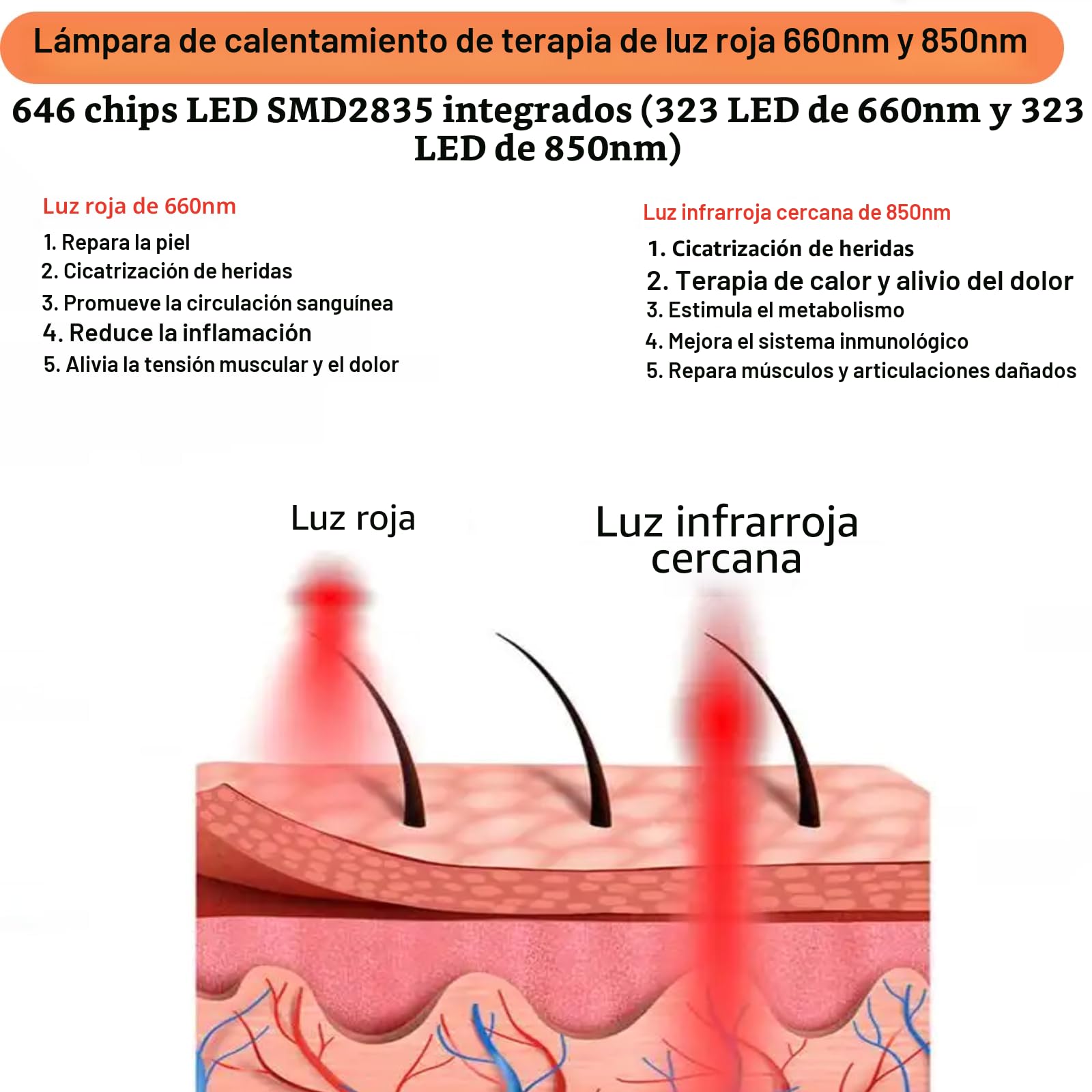 Lámpara de calor de luz roja de 660 nm y 850 nm para rostro, espalda, cuello, hombros, cuerpo, cintura, alivio del dolor y antienvejecimiento, panel de luz roja de 646 piezas con gancho,5 niveles