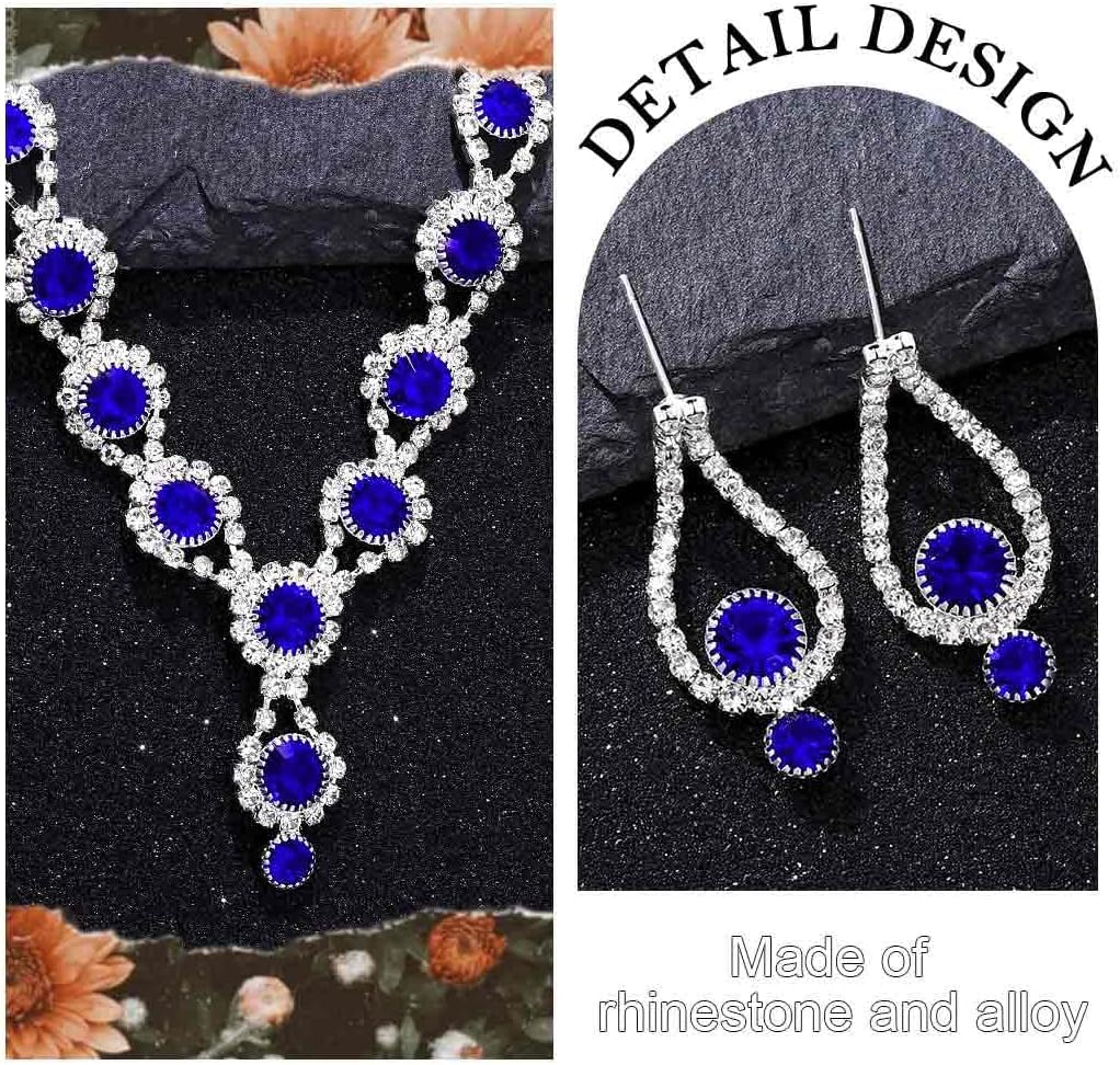 TWINKLEDE Rhinestone Necklace Jewelry Sets Sparkly Blue Necklaces Earrings and Bracelet for Women