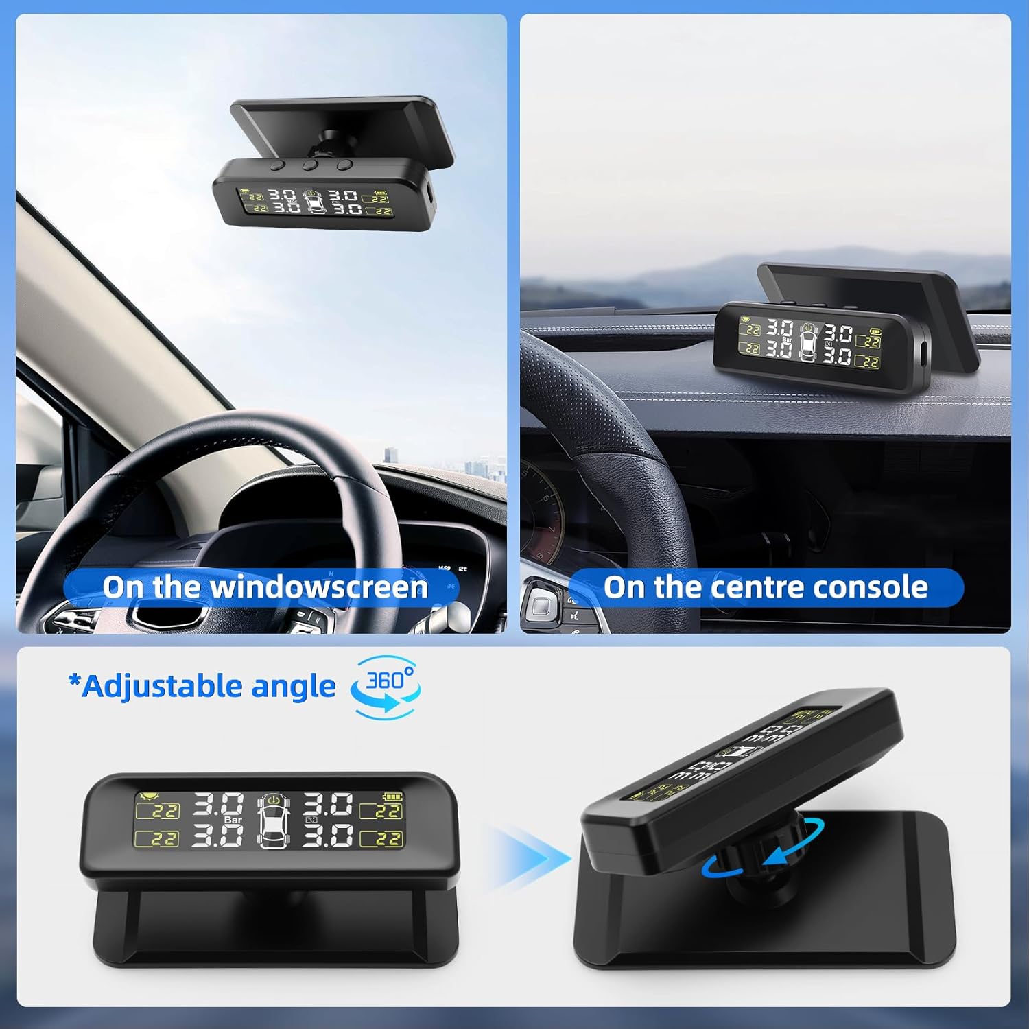 Tire Pressure Monitoring System, Tire Pressure Monitor Installed on Windowshield, Solar Powered TPMS with 4 External Sensors, Real-time Display Tire Pressure Temperature, TPMS for Car Sedan RV SUV