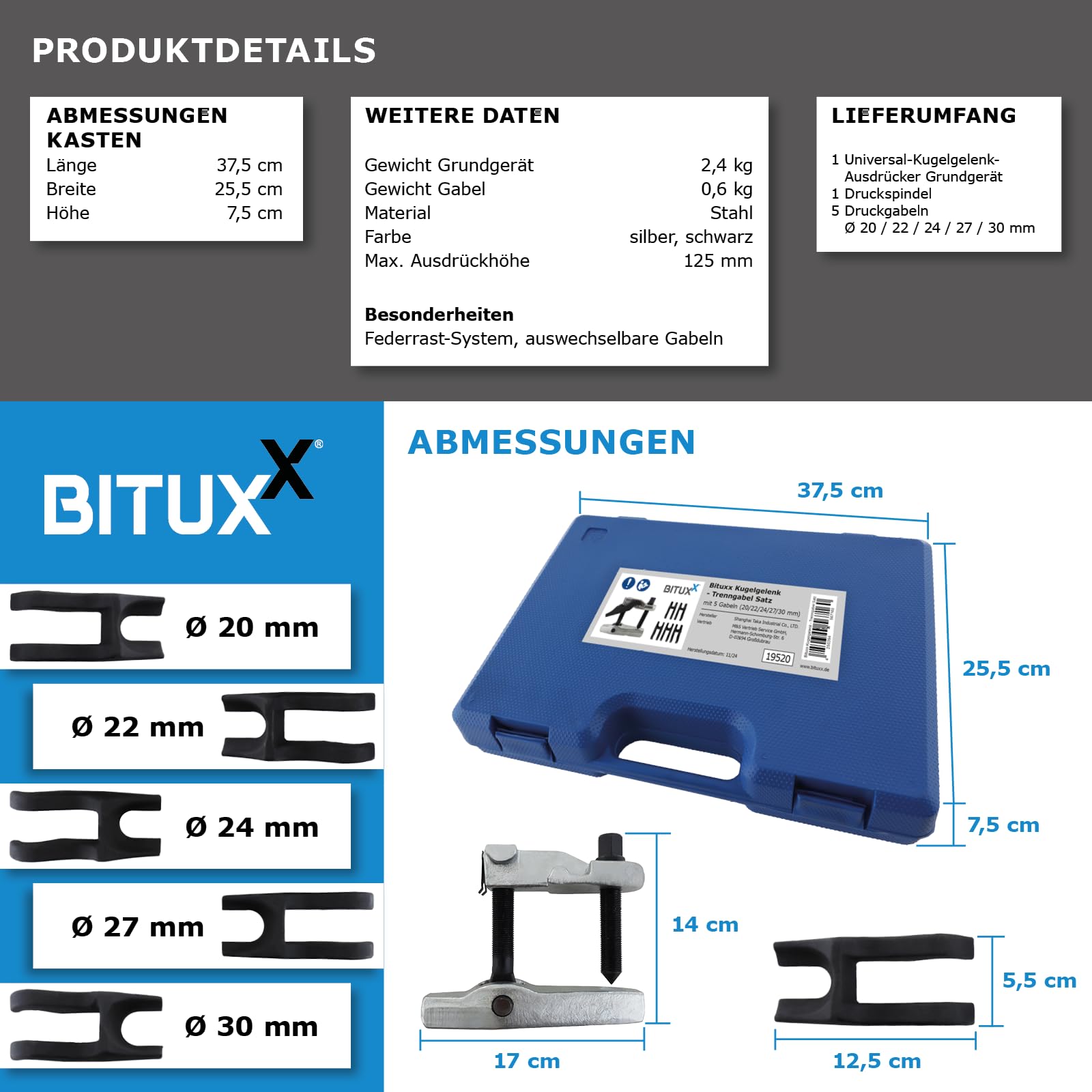BITUXX 7-TLG. Tragegelenk Kugelgelenk Spurstangenkopf Abzieher Kugelkopf Kugelgelenkabzieher Ausdrücker Trenngabel Satz Werkzeug Set