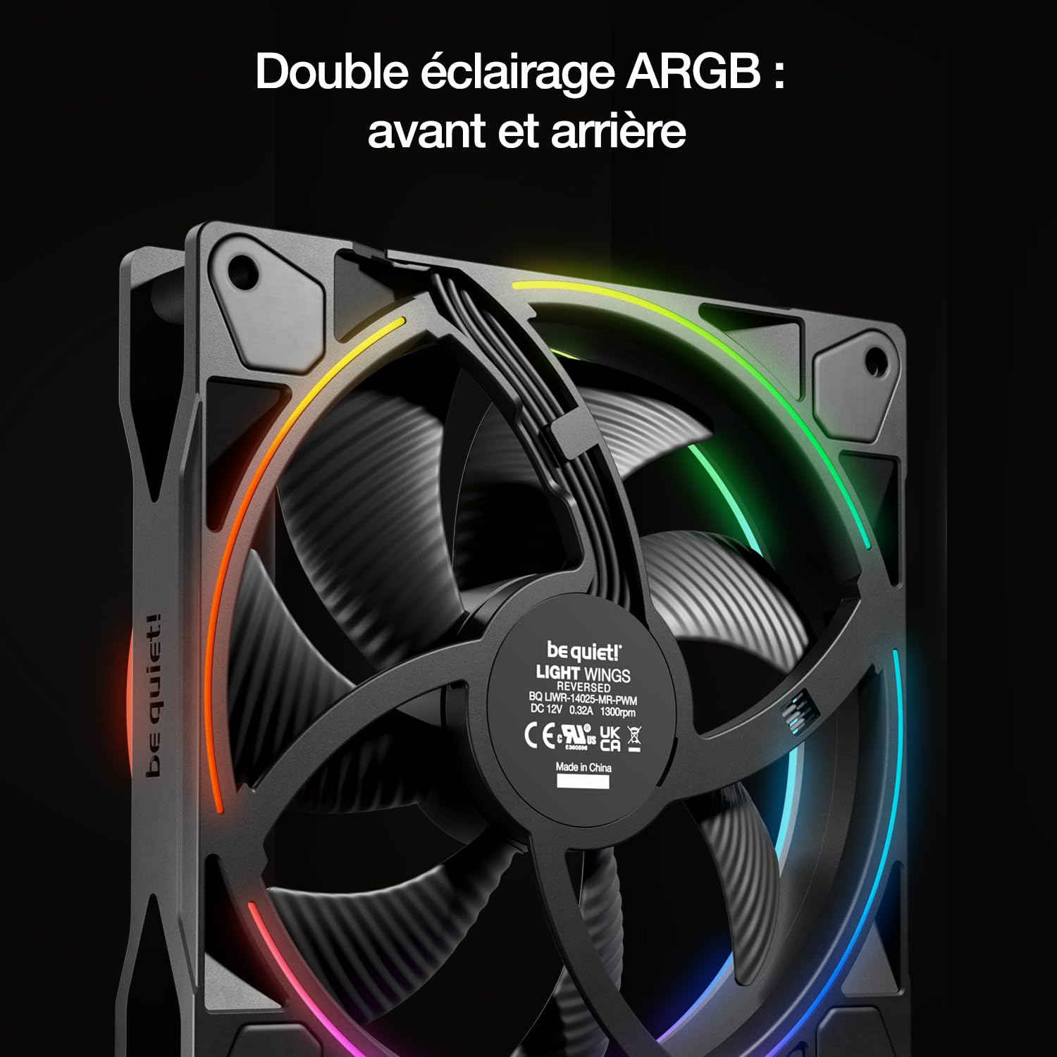 be quiet! Light Wings 140mm PWM Reverse Black ventilateur, 7 pales inversées, pour une admission d'air latérale ou par le bas, ARGB options d'éclairage personnalisables effets lumineux synchronisables