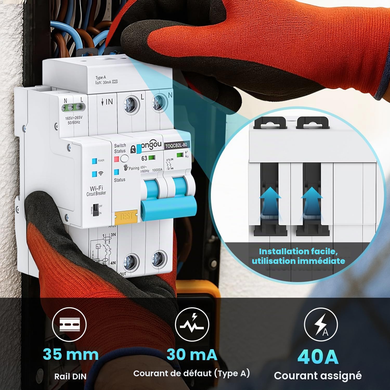 TONGOU Disjoncteur de protection WiFi RCBO 2P 63A 30mA Fi, disjoncteur de protection pour câbles type A pour maison et prises, Icu10kA, monté DIN, télécommande intelligente