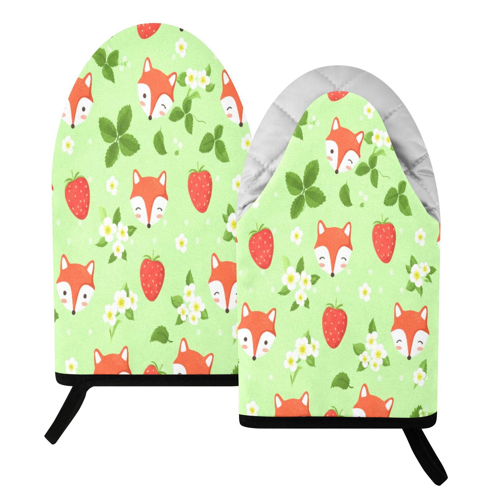 BURSTDDY Foxes and Strawberry Oven Mitt,Heat Resistant Kitchen Mitts for Cooking