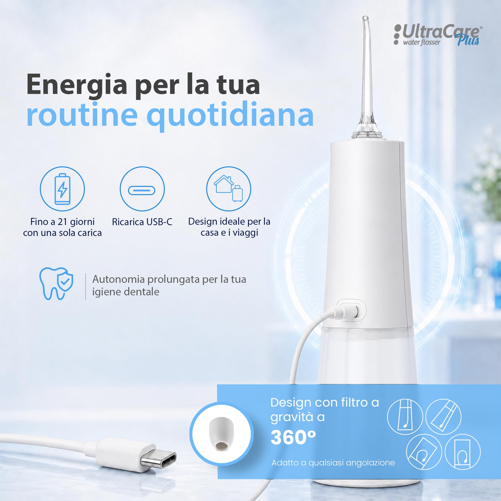 Ultracare Plus - Irrigatore orale professionale con 5 modalità, 8 ugelli, serbatoio acqua da 250 ml, ricaricabile tramite USB, borsa da viaggio inclusa (bianco)