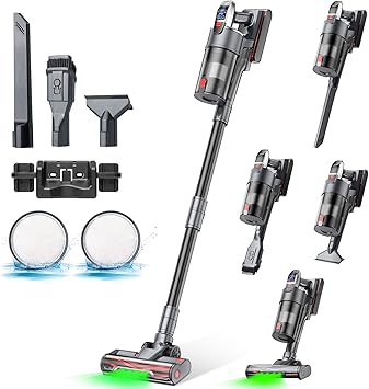 Linkifly 48kPa/600W/60Mins Aspiradora sin Cable A11, Escoba Aspiradora sin Cable con Luz LED Verde, Cepillo Antienredo, 3 Accesorios para Suelos/Alfombra/Pelos de Mascotas, Batería Desmontable0
