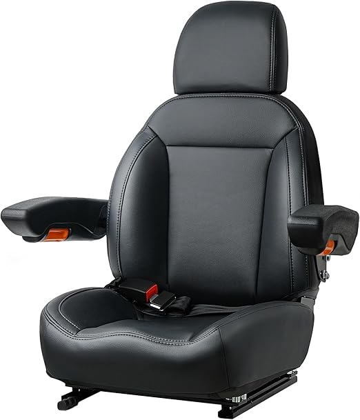 Universal Tractor Seat, Forklift Seat with Seatbelt and Adjustable Backrest Headrest Armrests for Boat Excavator Harvester Loader Backhoe Dozer Telehandler(Black)