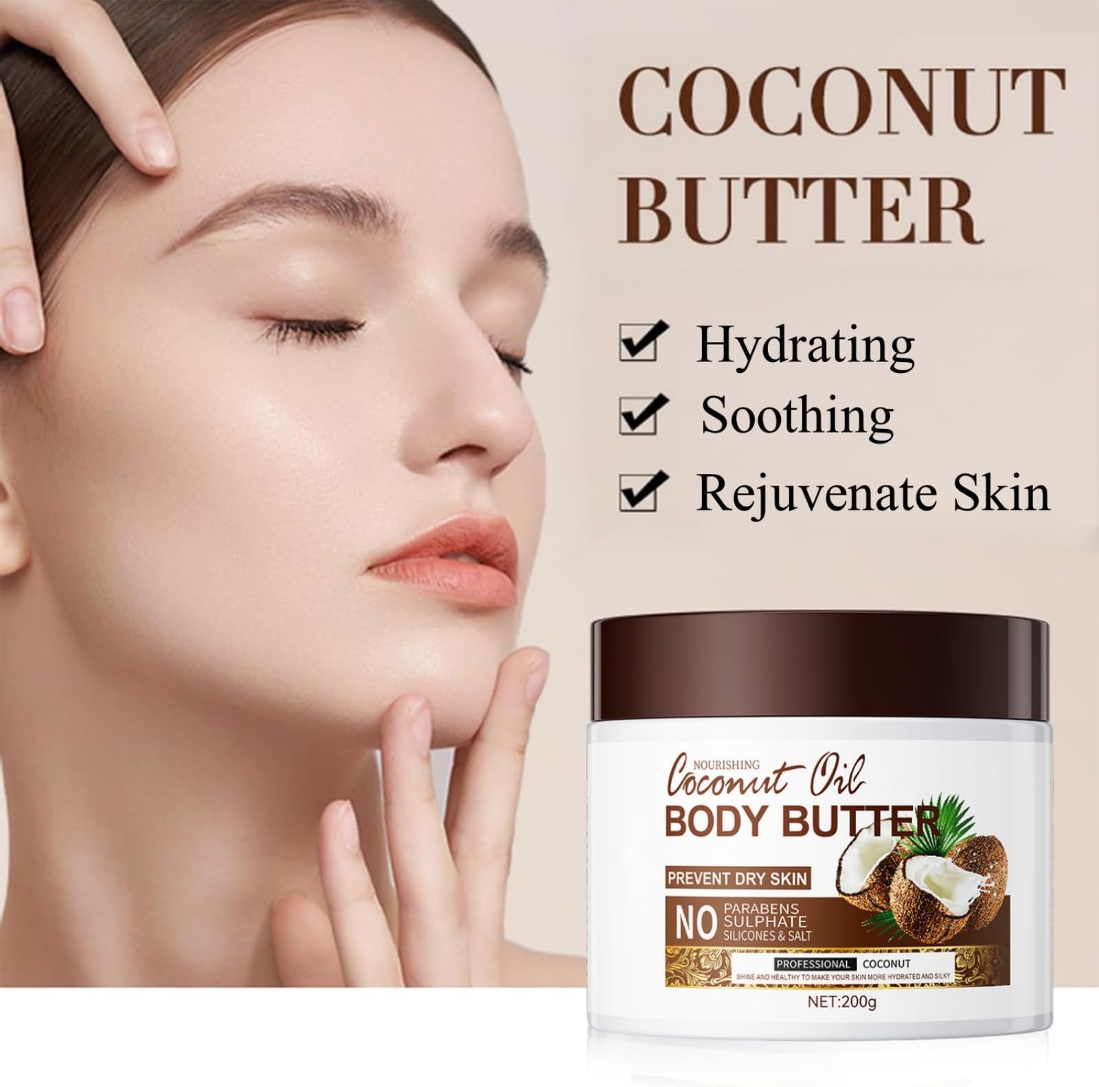 SinceReal Coconut Body Butter 200g, Coconut Oil Body Cream for Dry Skin Nourishing, Hydrating, Softens Skin - Image 2