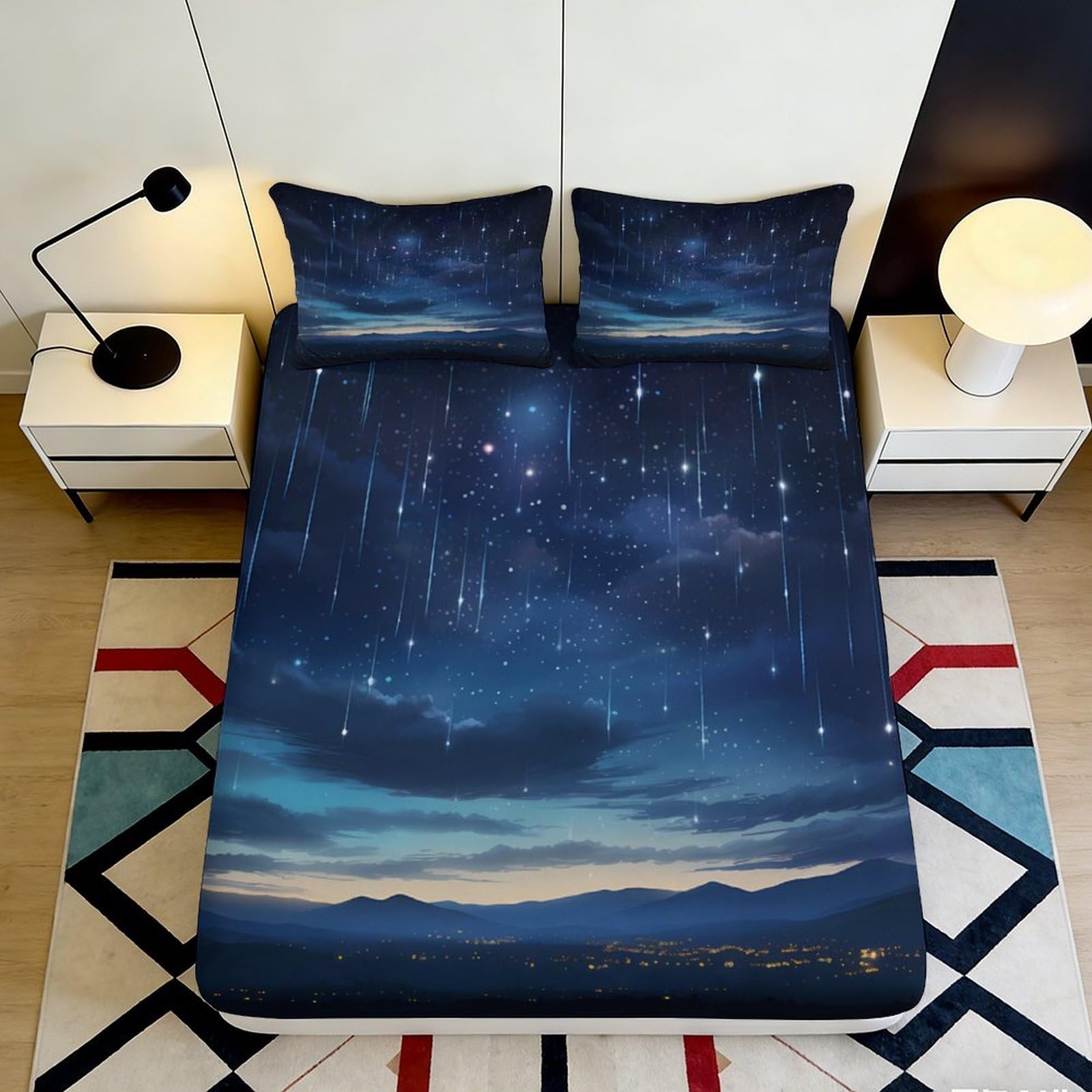 3D Printed Night Sky Fitted Sheet Microfiber Deep Pocket Starry Mattress Fitted Cover for Bedroom Adult Teen 140x200x25cm