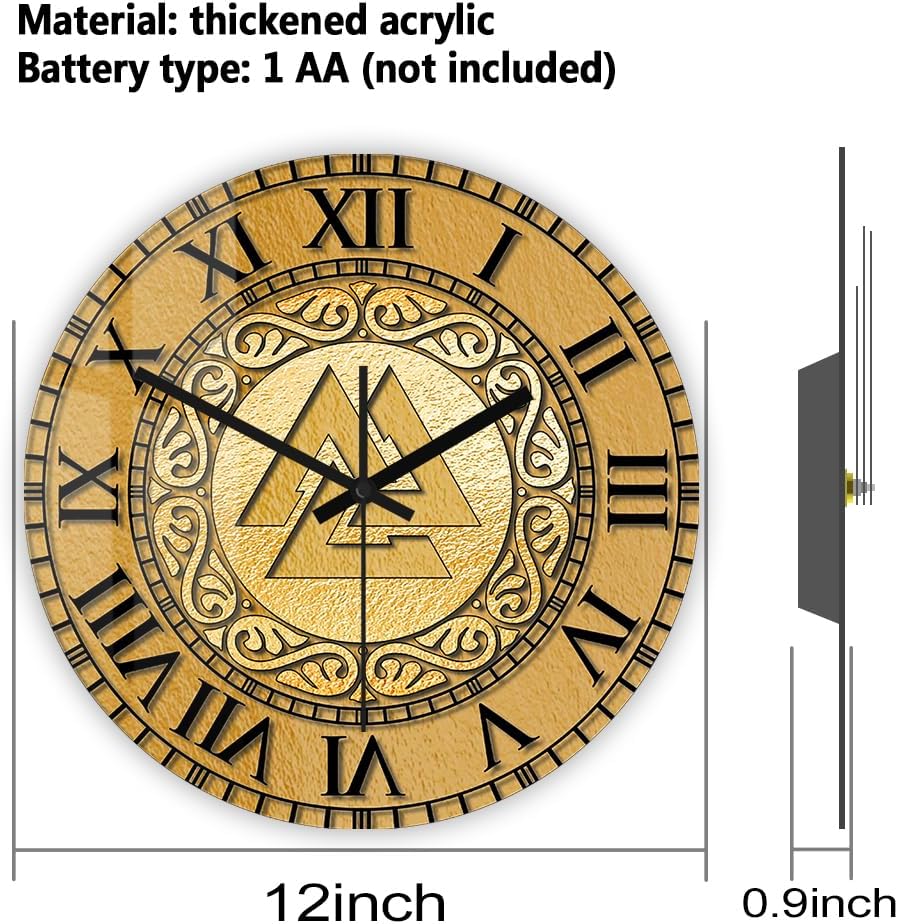 12'' Viking Rune Spirit Wall Clock with Roman Numerals, Vintage Norse Viking Valknut Celtic Masonic Pagan Wiccan Wall Art Clock Silent Movement Battery Operated Wall Watch Clock for Man Cave
