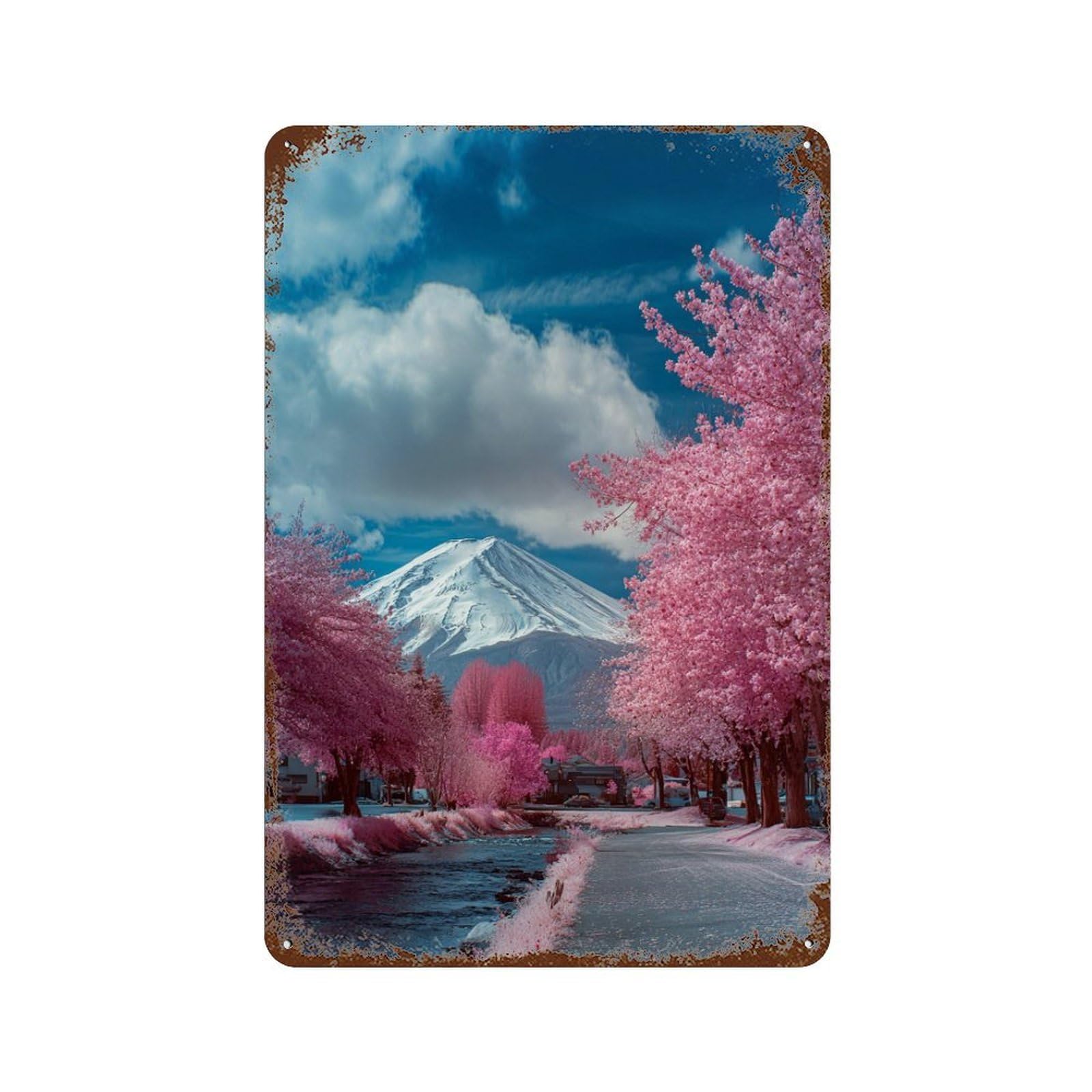 Rust Effect Cherry Blossom Road to Fuji Rusty Metal Tin Sign 11.8"x7.9", Old School Wall Decor for Basement, Hobby Room And Garage Decor