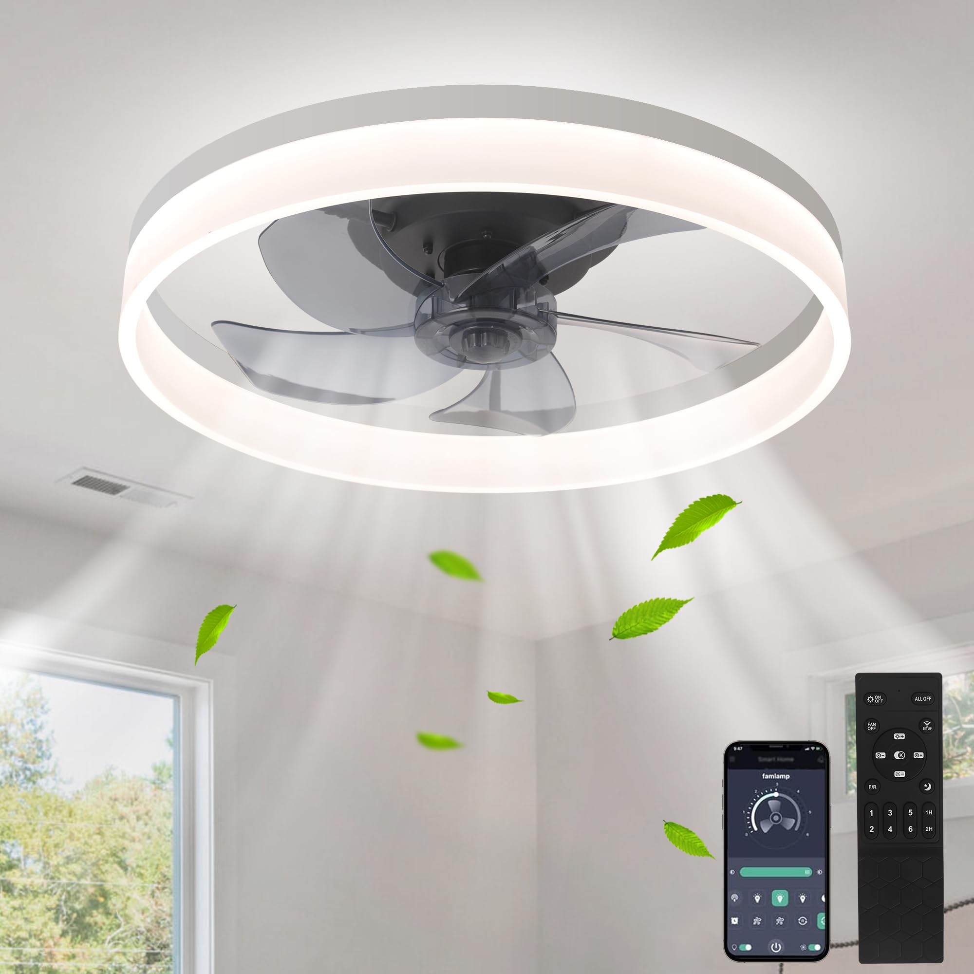 Low Profile Ceiling Fans with Lights and Remote, 20" White Flush Mount Ceiling Fan with Light, 3000K-6500K Dimmable Bladeless Ceiling Fan with 6 Speeds for Bedrooms and Living Rooms