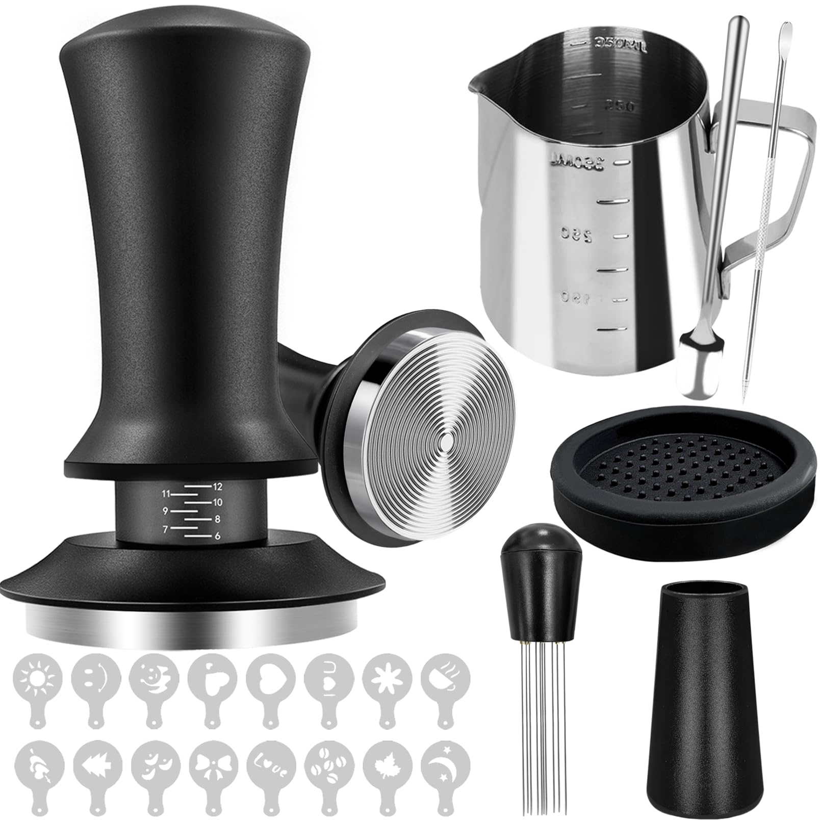 Tamper à café en acier et set d'accessoires expresso 22 pièces avec mélangeur WDT