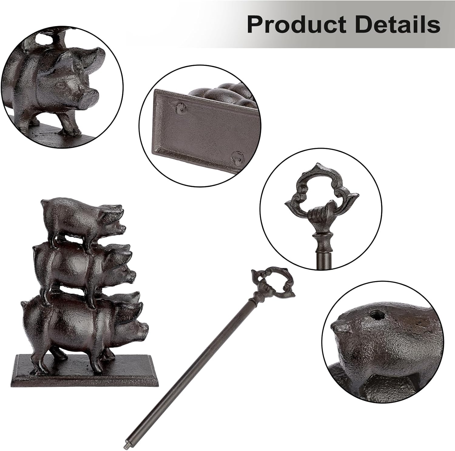 Long Handle Door Stoppers, Cast Iron Heavy Door Stop, Decorative Door Holder to Keep Door Open, Portable Tall Door Stopper, Funny Cute Animal Floor Door Stops for Home, Vintage Brown (Pigs Family)