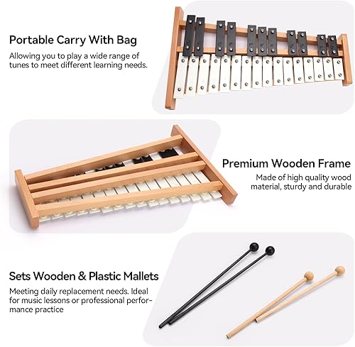 Miniatura 17 de Heuyrao Xilófono Glockenspiel plegable de 30 notas, kit de instrumentos de percusión para adultos y niños, incluye 4 mazos y bolsa de transporte