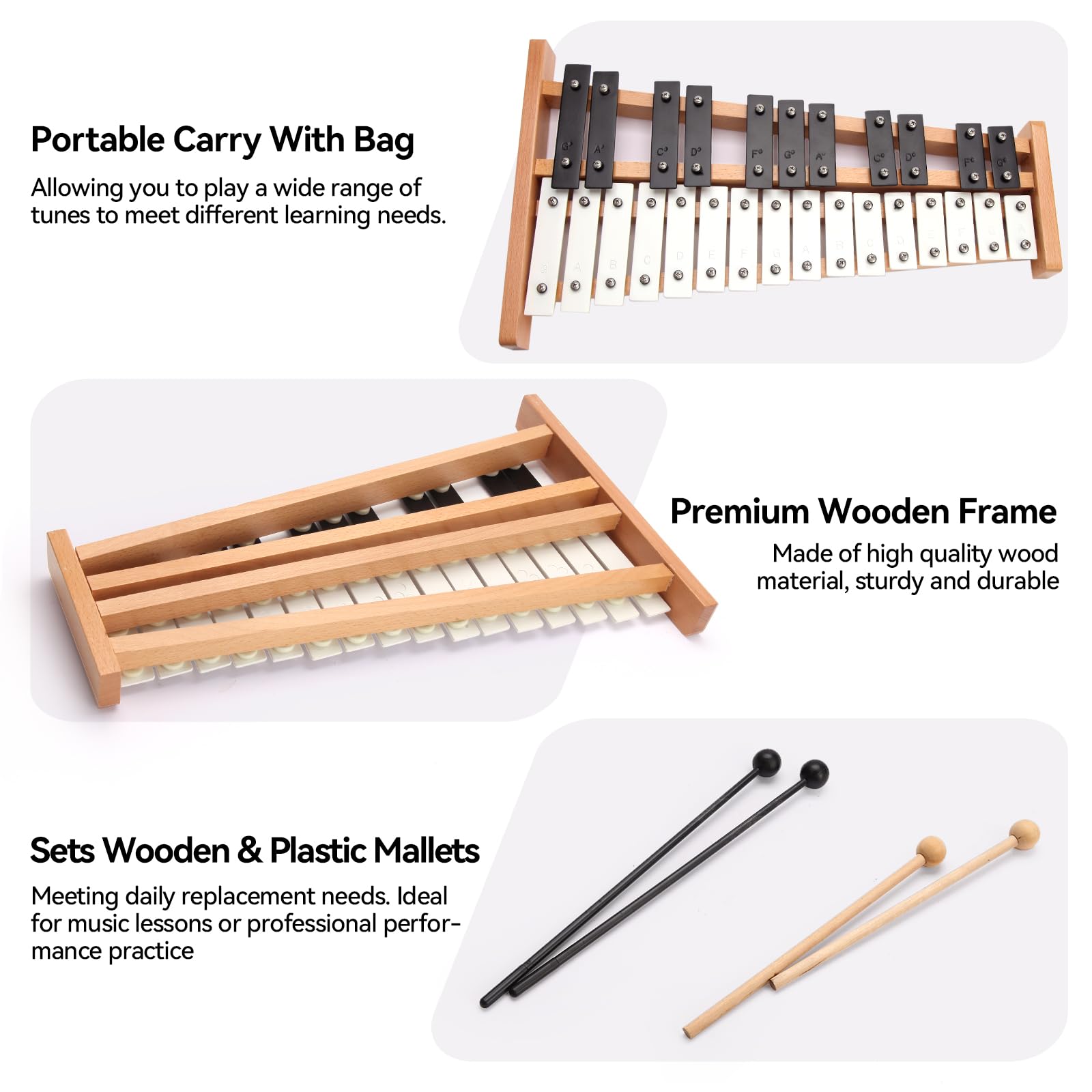 Heuyrao Xilofono pieghevole Glockenspiel 27 note, bianco e nero | Strumento a percussione in legno, 4 mazzuole incluse, borsa per il trasporto inclusa, per adulti e principianti
