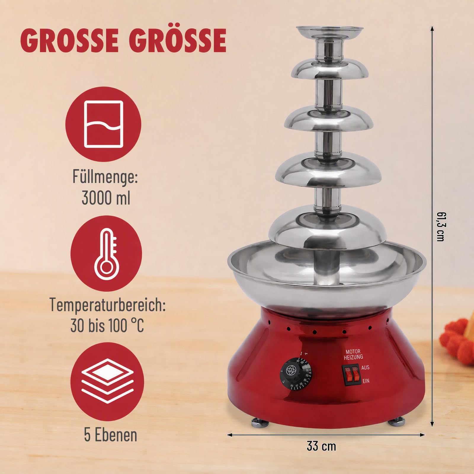 Schokoladenbrunnen, 230W 5 Etagen Schokoladen-Brunnen Maschine, 3L Schokoladenfondue mit einstellbarer Temperatur, Schokofondue aus Edelstah, 86-230F, Warme flüssige Schokoladenfontäne (5 Brunnen Rot)