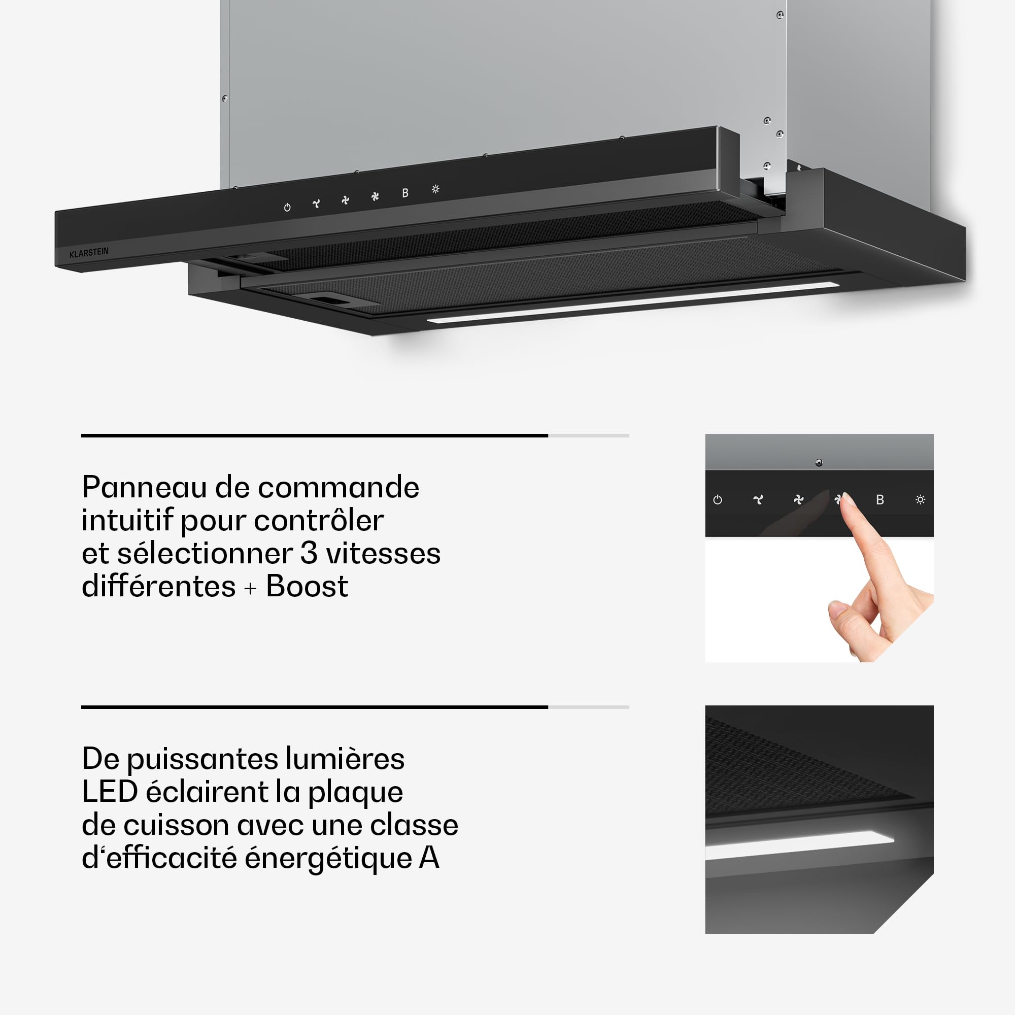 Klarstein Velaire Hotte Aspirante 60cm, Hotte à Tiroir Design, 896 m³/h, Classe A++, Commandes Tactiles, LED, Filtre Charbon, Silencieuse, Hotte Cuisine Aspirante, Noir