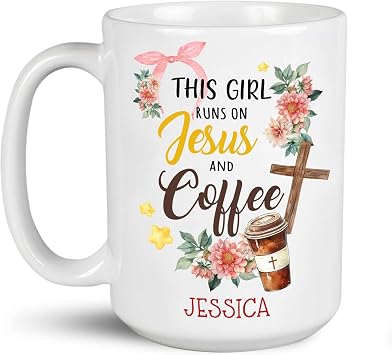 This Girl Runs On Jesus And Coffee Mugs, Custom Christian Cross On Tea Cup With Flowers, Personalized Choose Name Porcelain Mugs, Art Christ Themed Travel Cup, Birthday Mug Present